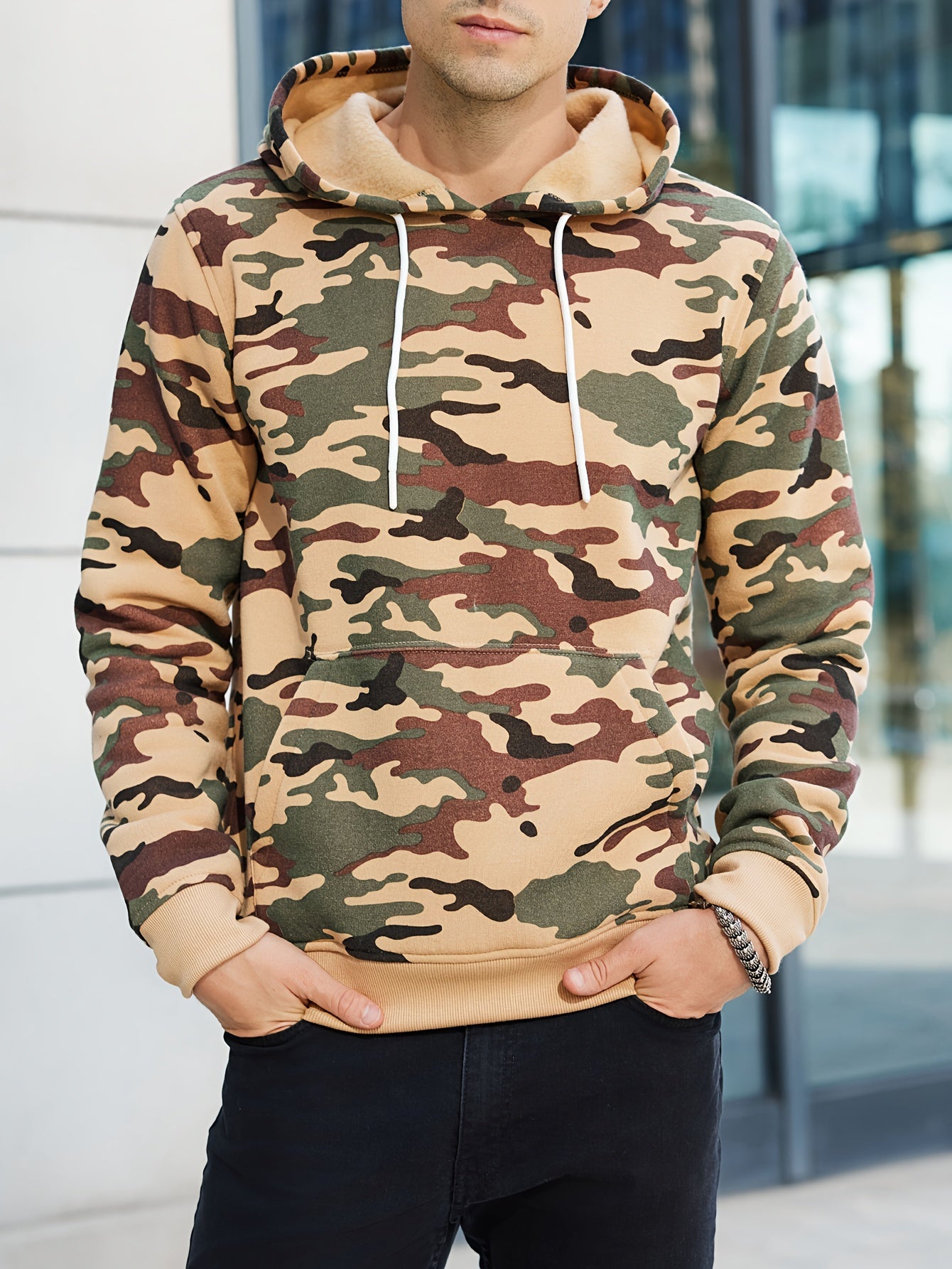 Mens Camo Thermal Hoodie - Loose Fit Pullover Sweatshirt with Fleece Lining - Stylish Winter Warmth for Outdoor Adventures