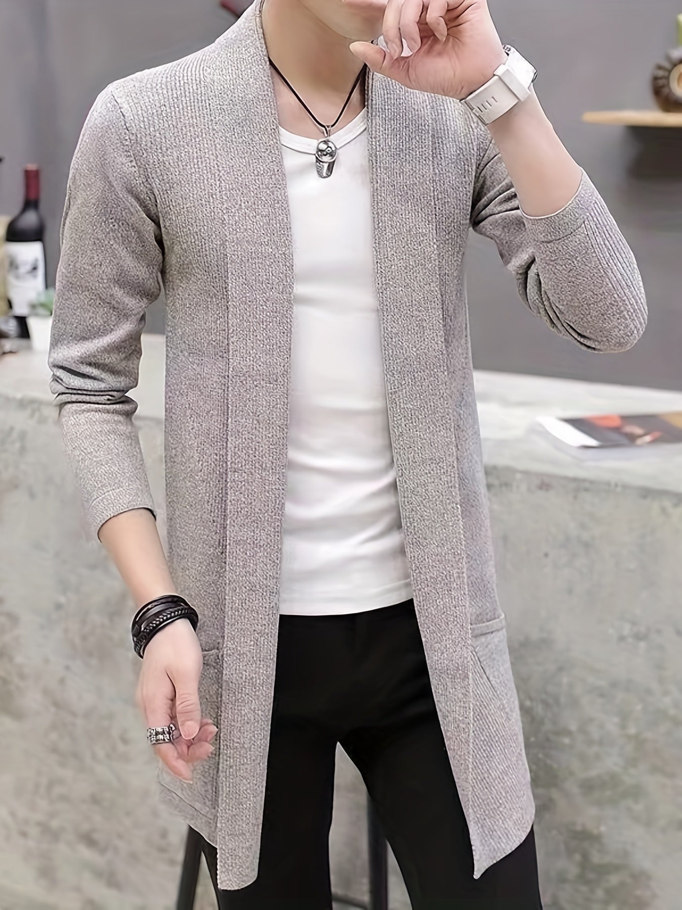 Elegant High Stretch Retro Cardigan, Men's Casual Vintage Style V Neck Open Front Overcoat Sweater Long Coat For Fall Winter