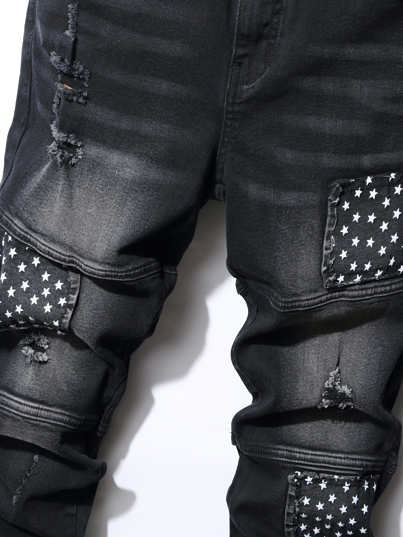 Regular Fit Men's Denim Jeans with Distressed, Ripped, and Star Pattern Pieces, Fashionable Cuffed Pants for All Seasons Street Wear