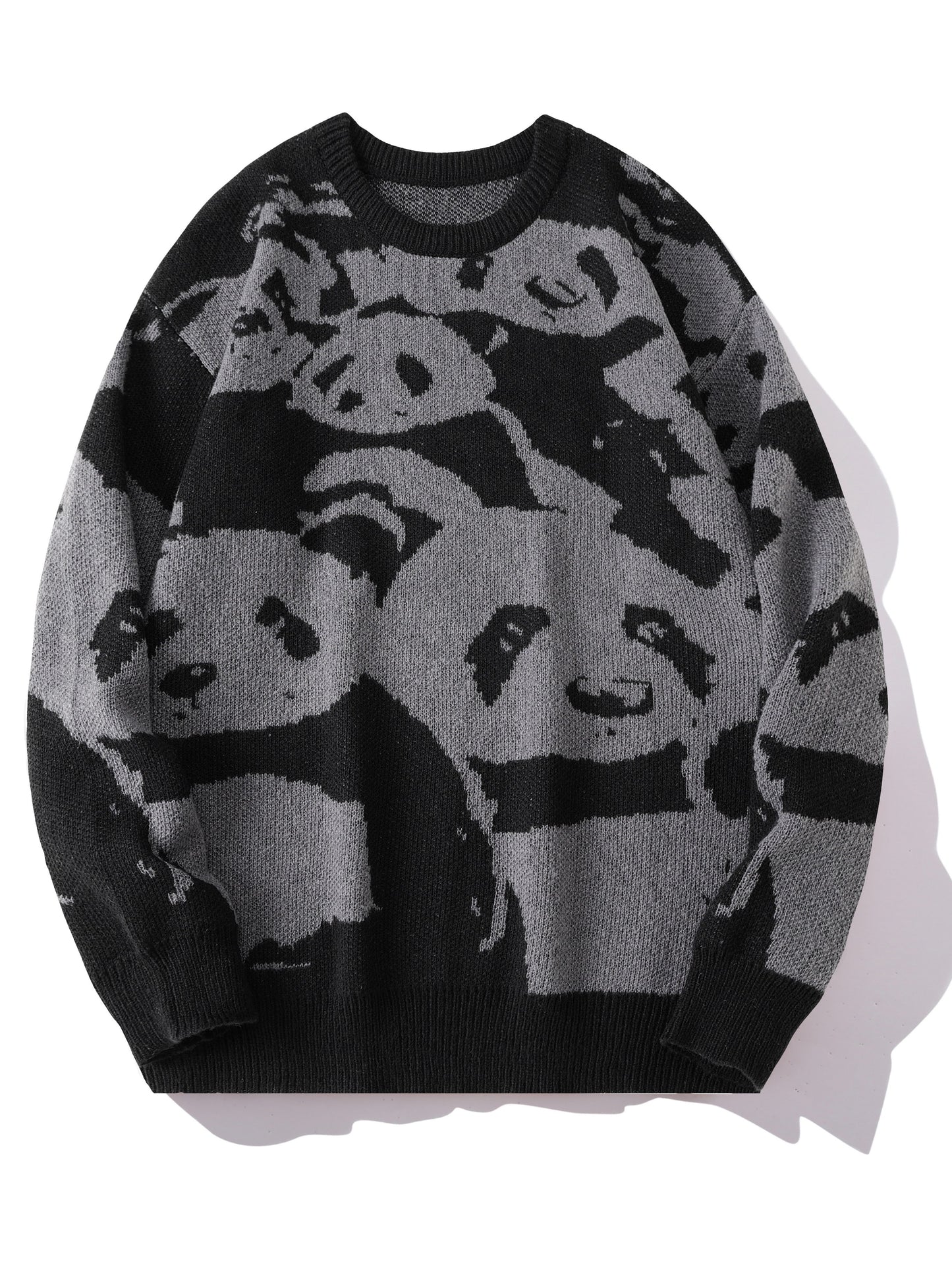 Cozy Panda Crew Neck Sweater - Novelty Cartoon Knit Pullover for Men - Warm, Slightly Stretchy, Casual Fall Winter Wear with Fun Panda Pattern