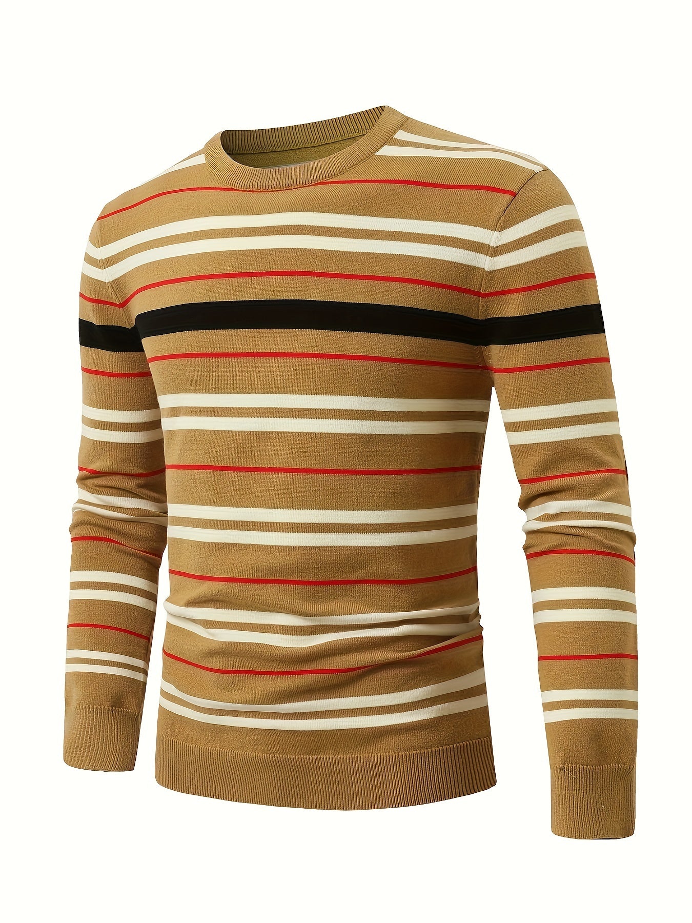 Cozy Striped Knit Pullover Sweater - Soft, Casual, Long Sleeve, Slim-Fit, Crew Neck, Fall and Winter Essential - Perfect for Men's Daily Wear, Outdoor Activities, and Gift Idea