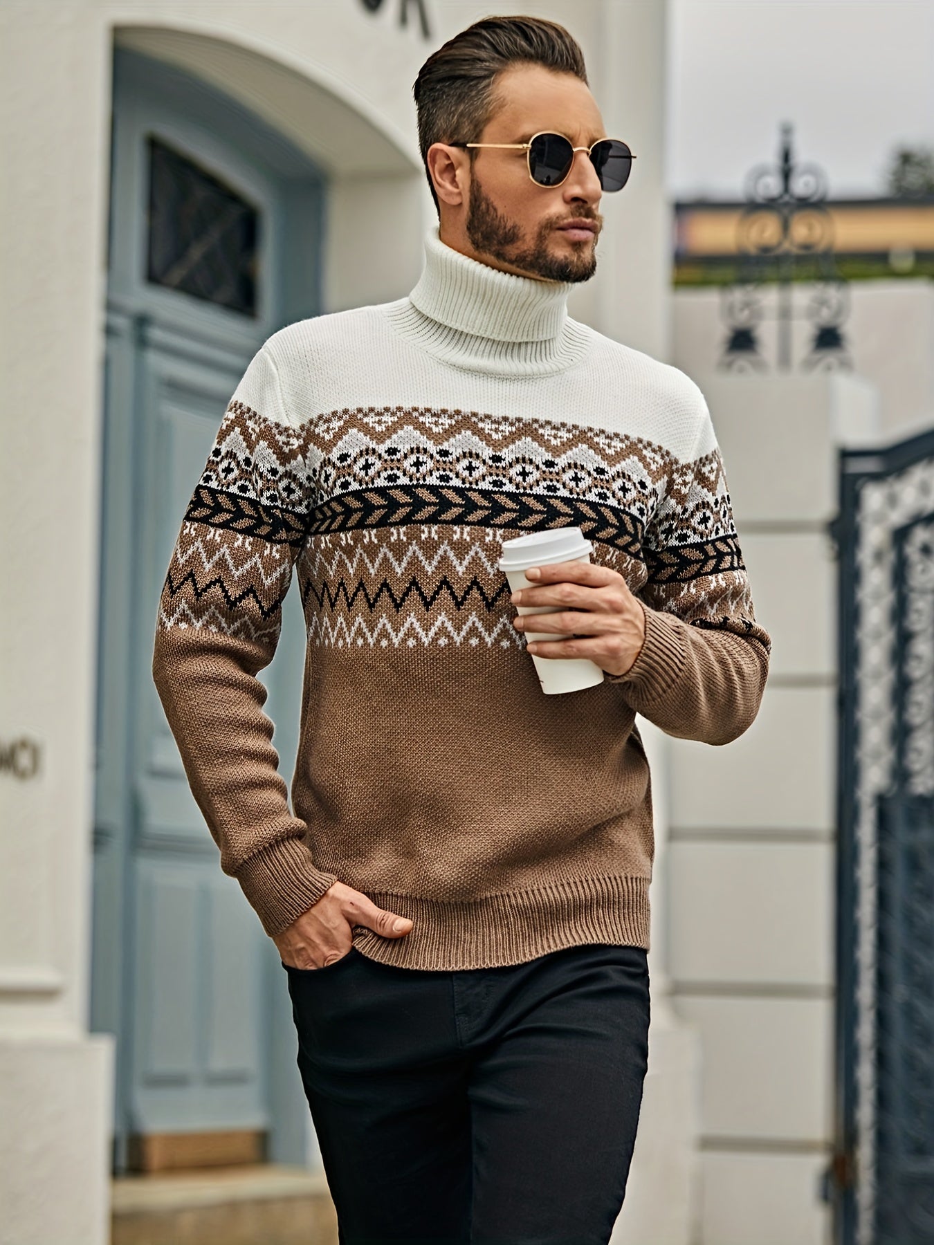 Retro Turtle Neck Knitted Slim Sweater, Men's Casual Warm Slightly Stretch Pullover Sweater For Fall Winter