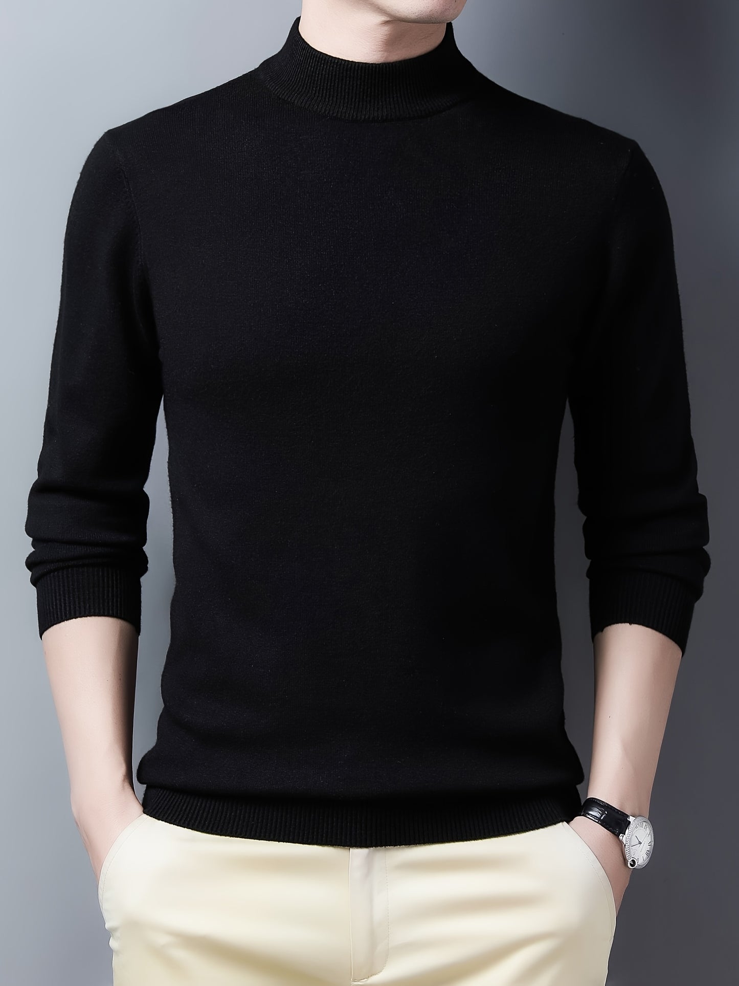 Men's Trendy Solid Knitted Pullover, Casual Mid Stretch Breathable Turtleneck Base Layer For Outdoor Fall Winter