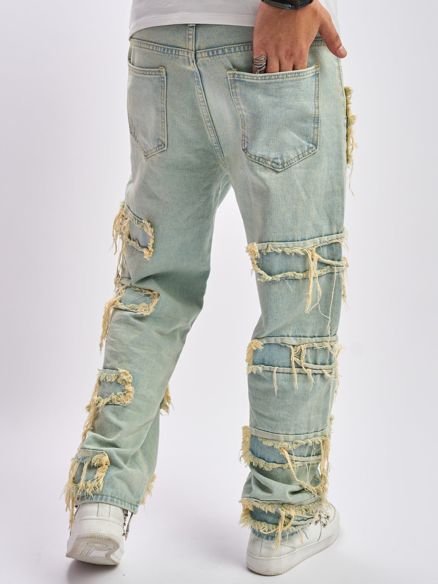 Men's Vintage Distressed Denim Jeans, Loose Fit Fringe Detailed Wide Leg Pants, Hip-Hop Street Style