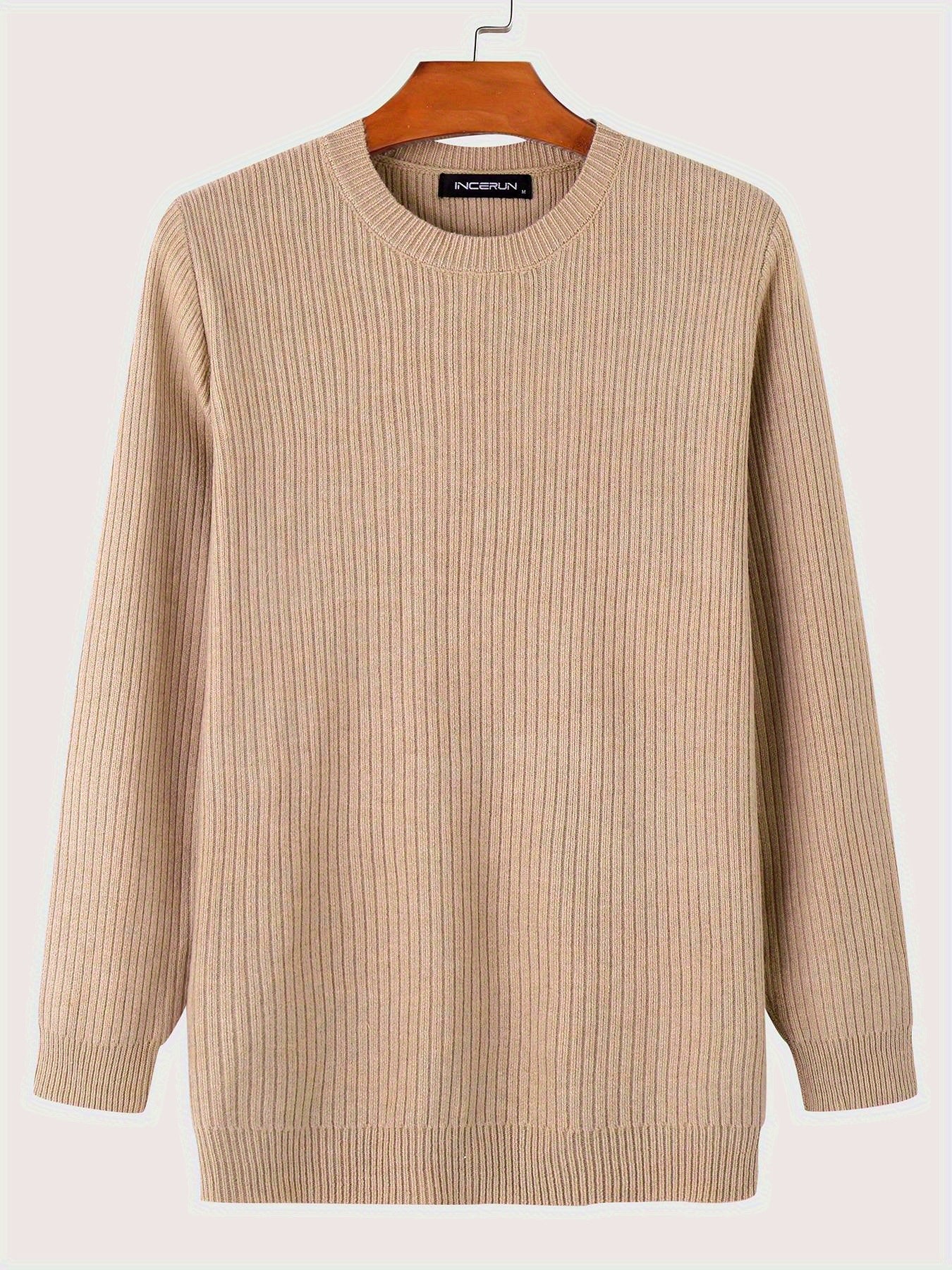 Soft Polyester Men's Casual Crew Neck Long Sleeve Solid Ribbed Knit Sweater Pullover For Spring/Autumn