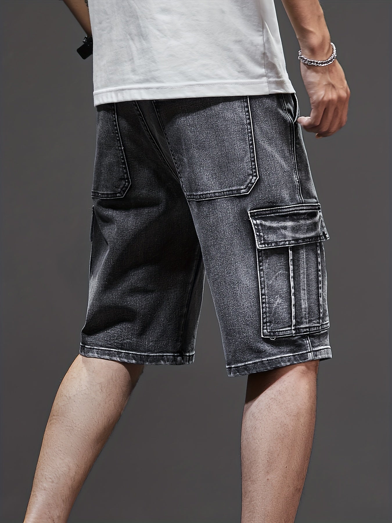 Men's Solid Cotton Blend Denim Jorts With Side Pockets Design, Chic Street Style Summer Bottoms For Men