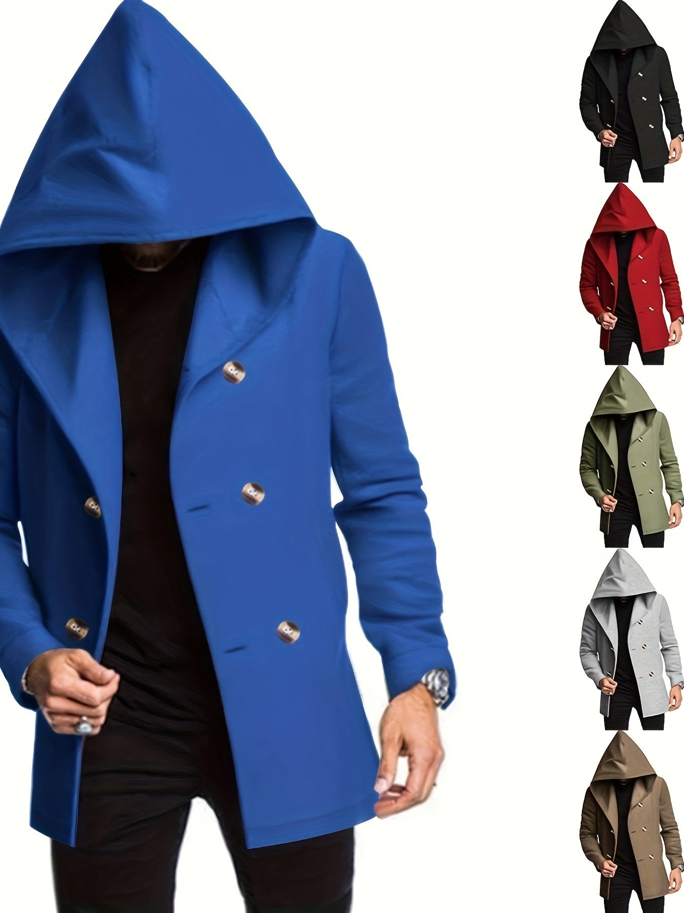 Men's Stylish Mid-Length Hooded Trench Coat - Soft Cotton Blend Knit Fabric with Slight Stretch for Comfort, Solid Color Long Sleeve Outerwear with Classic Button Details and Adjustable Cuffs for Spring/Fall Season