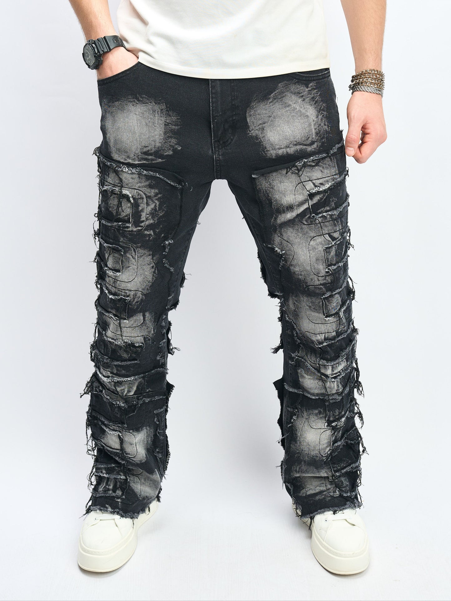 Men's Loose Fit Flares Jeans With Frayed Hem, Men's Stylish Comfy Denim Pants, Street Style Fashion