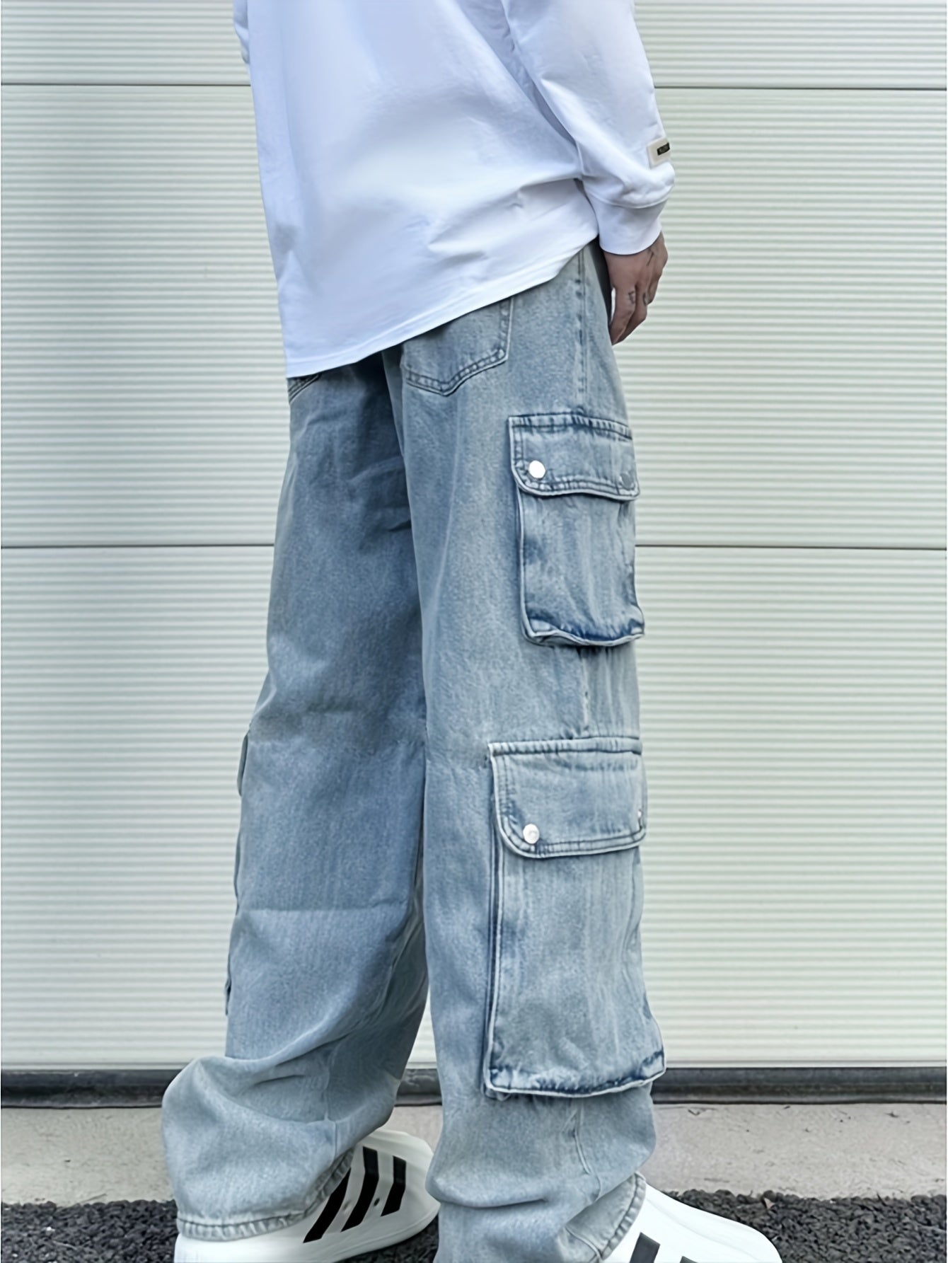 Men's Fashionable Street Style Multi-Pocket Denim Jeans, Casual Loose Fit Straight Leg Pants