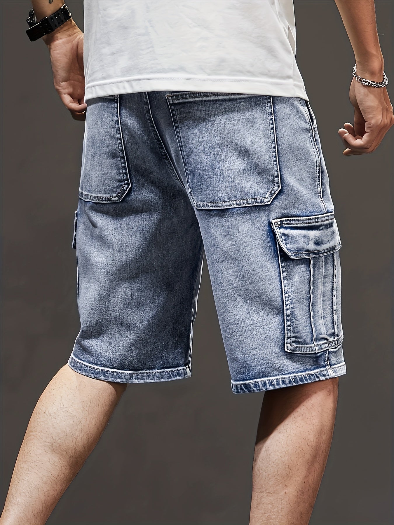 Men's Solid Cotton Blend Denim Jorts With Side Pockets Design, Chic Street Style Summer Bottoms For Men