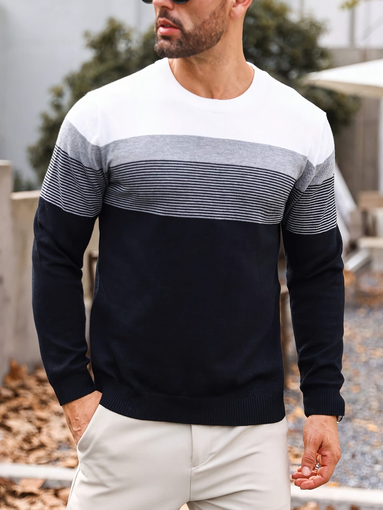 Men's Classic Color Block Stripe Knit Crew Neck Long Sleeve Sweater - Soft, Breathable, and Warm Outerwear for Daily Wear - Perfect for Casual Occasions and Outdoor Activities