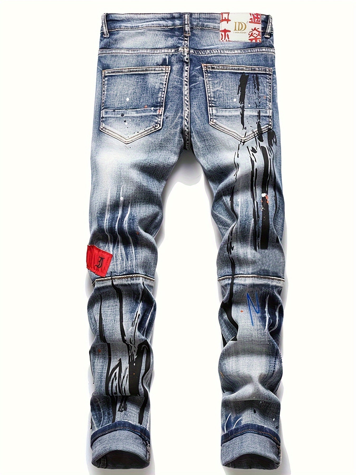 Men's Splash Print Skinny Washed Jeans, Trendy Streetwear, Straight Leg Denim Pants For Spring Autumn