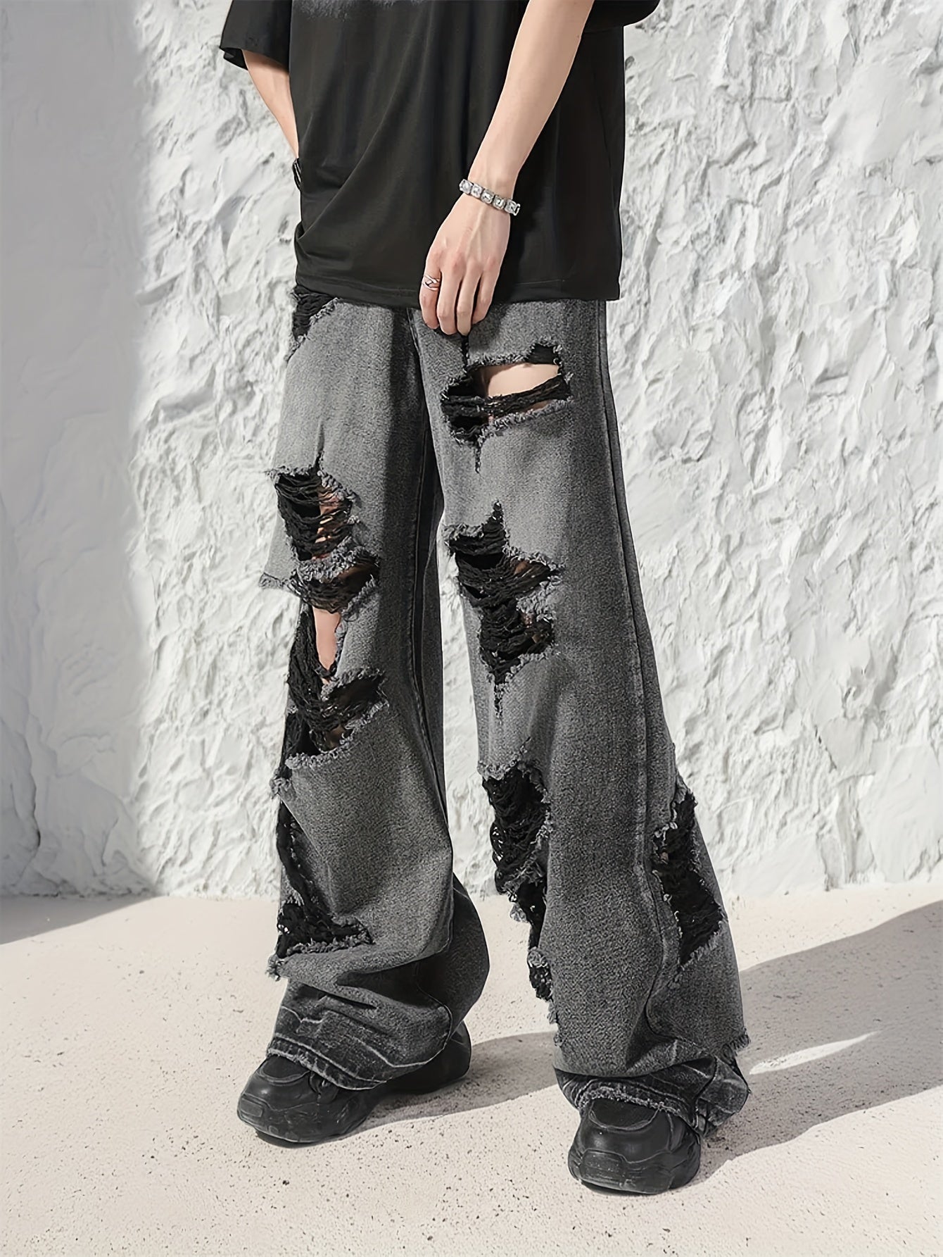 Men's Street Style Wide Leg Ripped Denim Pants, Fashion Jeans, Cotton Trousers For Males