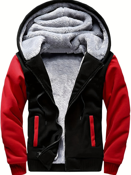 Men's Winter Hoodie: Contrast Colors Fleece Jacket, Cotton Blend, Warm, Comfortable, Versatile for Street Outdoor Activities