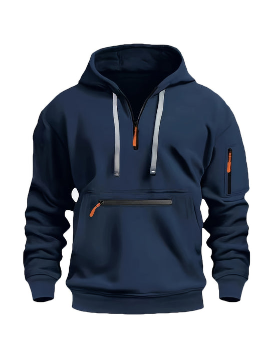 Winter Fall Essential Hoodie - Fashion Hoodies for Men with Solid Half Zip, Long Sleeve, Zippered Pocket, Casual Style