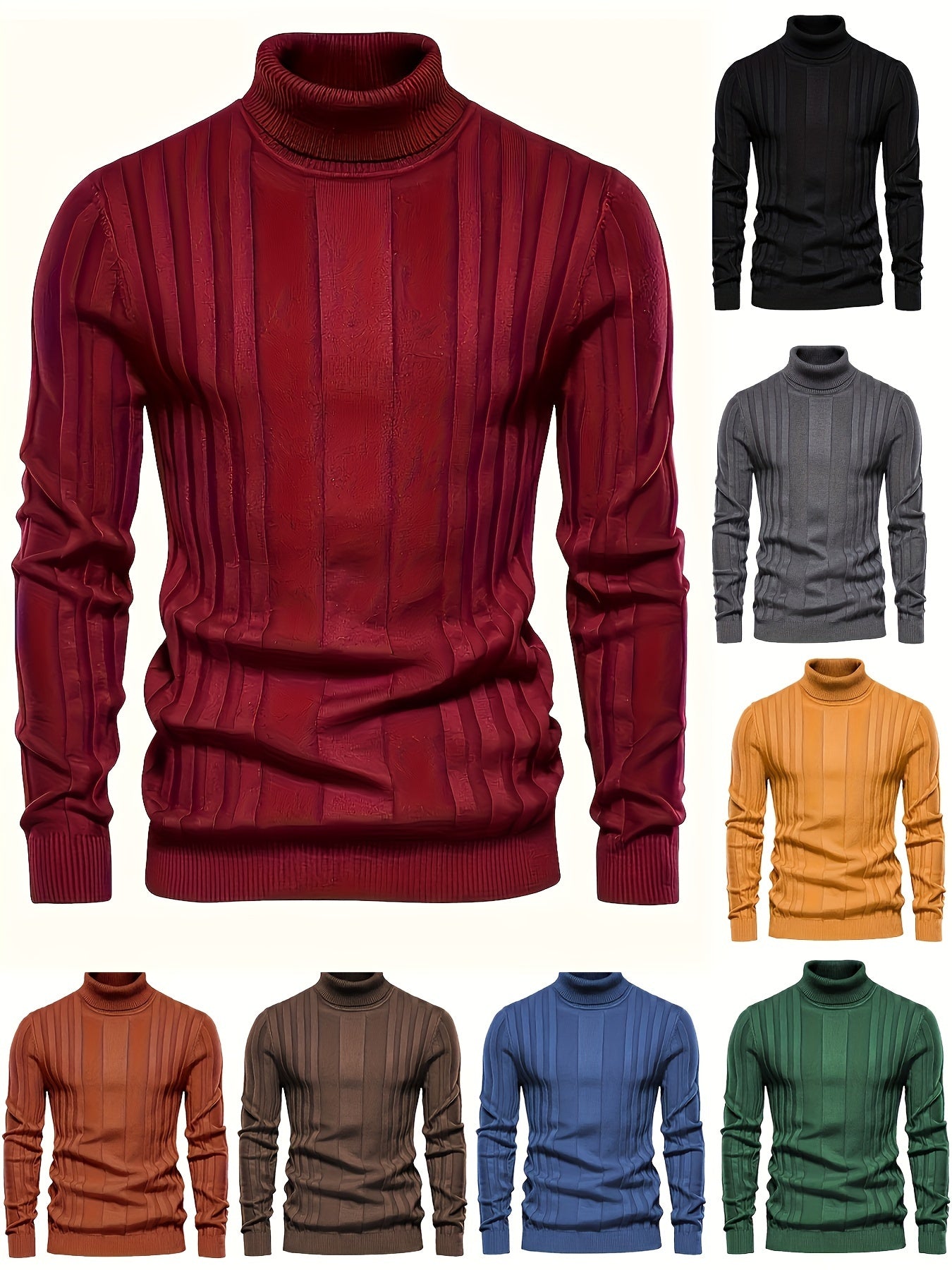 Turtleneck Knitted Sweater, Men's Casual Warm Solid High Stretch Pullover Sweater For Fall Winter