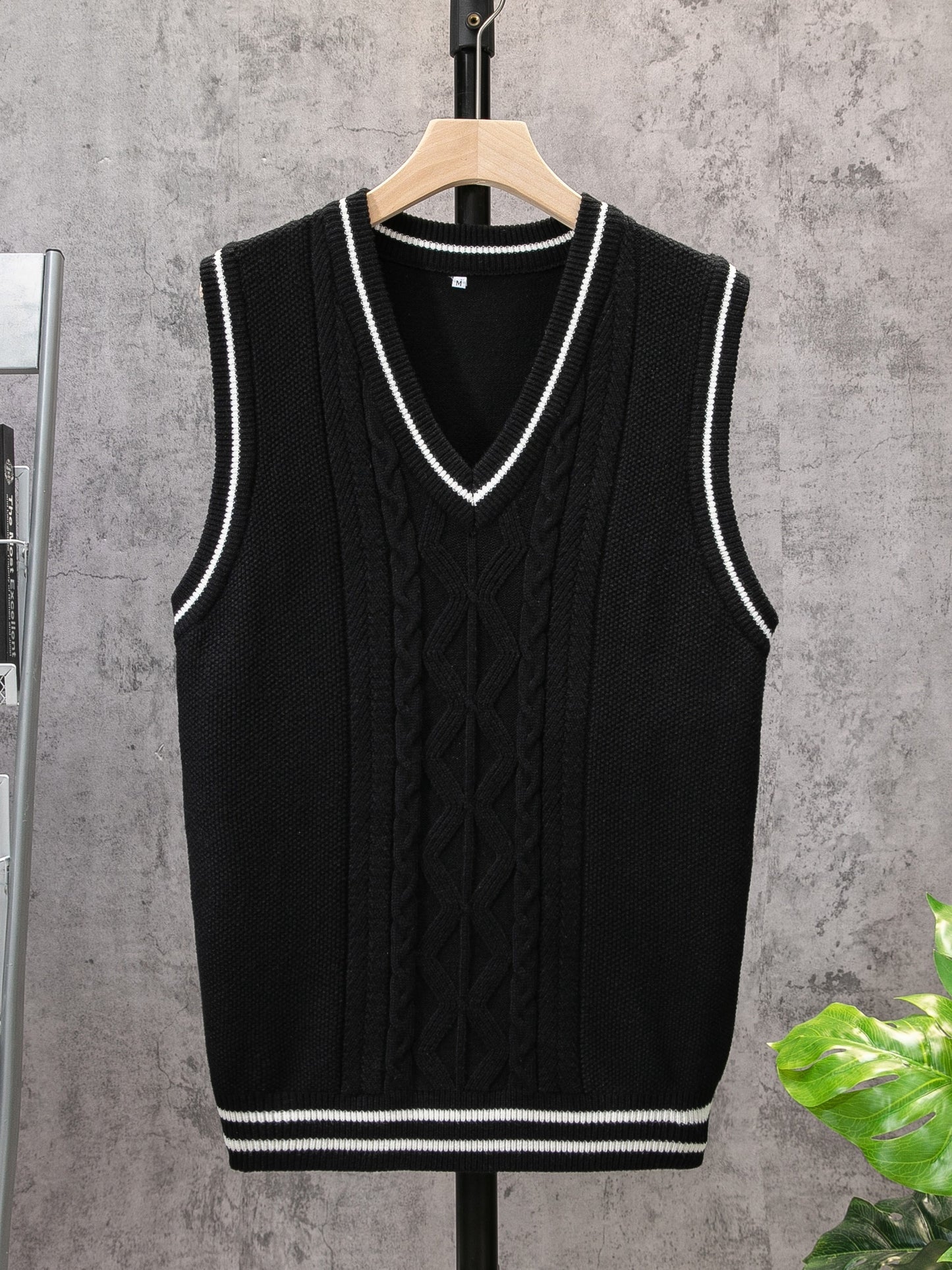 Casual Sleeveless V-Neck Sweaters, Men's Cable Knit Vest