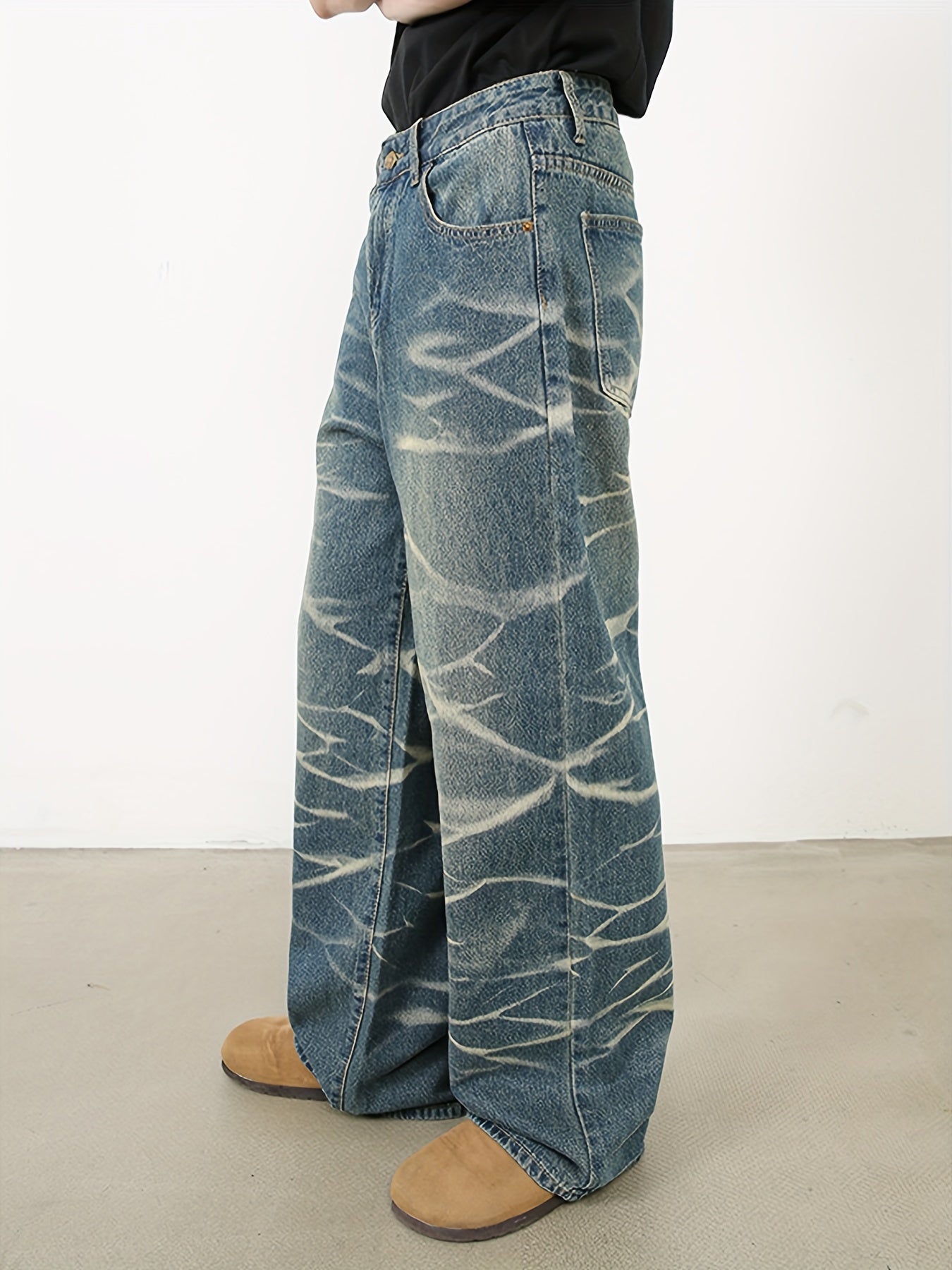 Men's loose fitting straight leg retro design denim street dance party water ripple denim casual pants