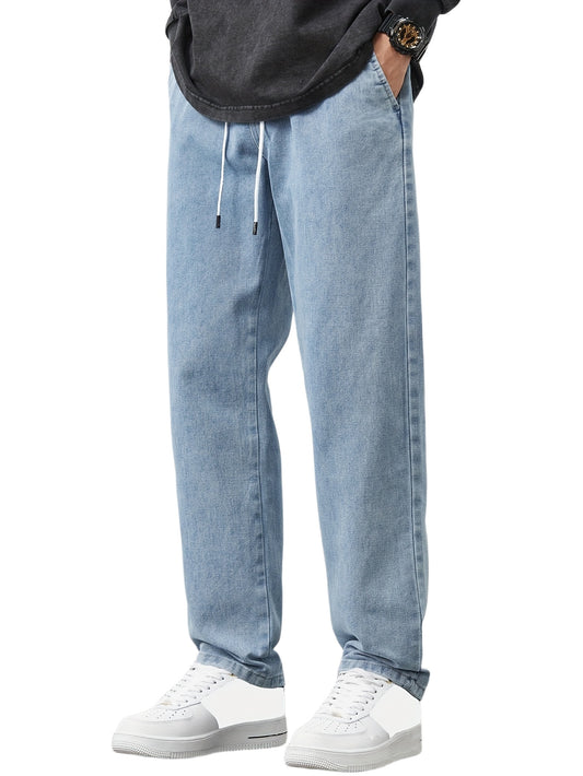 Mens Rugged Denim Pants - Comfortable & Durable Washed Jeans with Pockets, Casual Adjustable Drawstring Waist - Ideal for Outdoor Adventures & Gifts