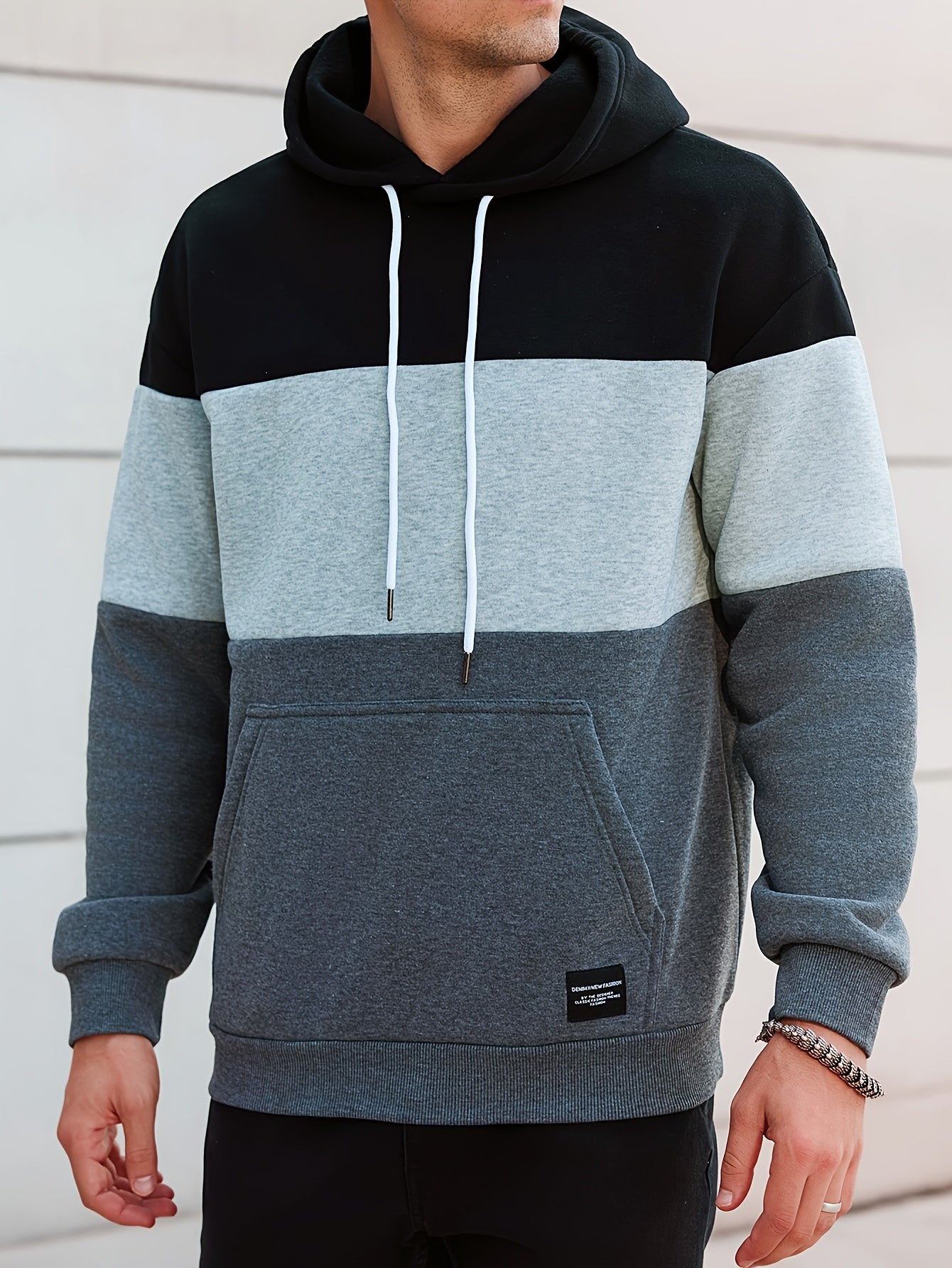 Mens Long Sleeve Color Block Hooded Sweatshirt - Soft Slight Stretch Polyester Fabric, Loose Fit, Kangaroo Pocket, Chic Outdoors Wear for Casual Style