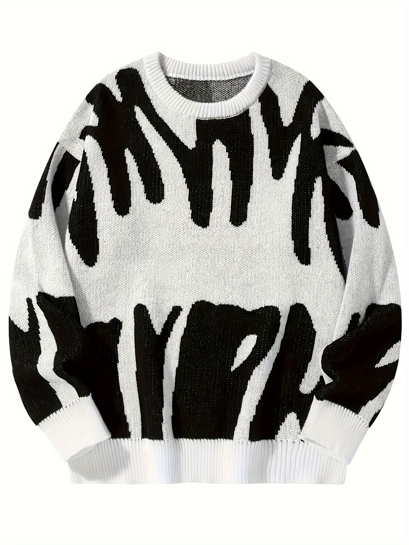 Men's Letters Graphic Print Knitted Pullover, Casual Long Sleeve Crew Neck Sweater For Fall Spring