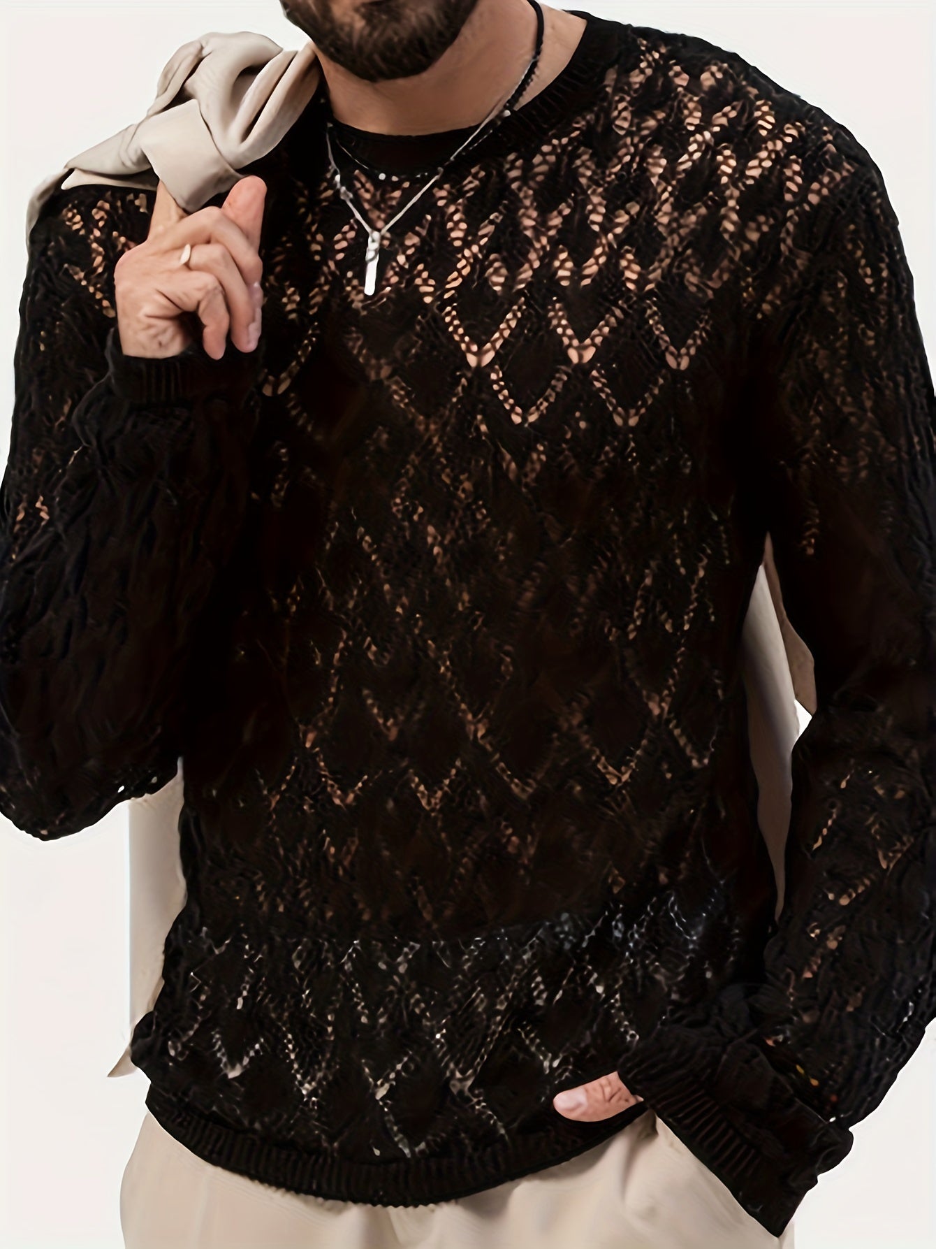 Trendy Knit Sweater Sheer Mesh Hollow Design Casual Round Neck Pullover Sweater Sexy Clubwear For Men