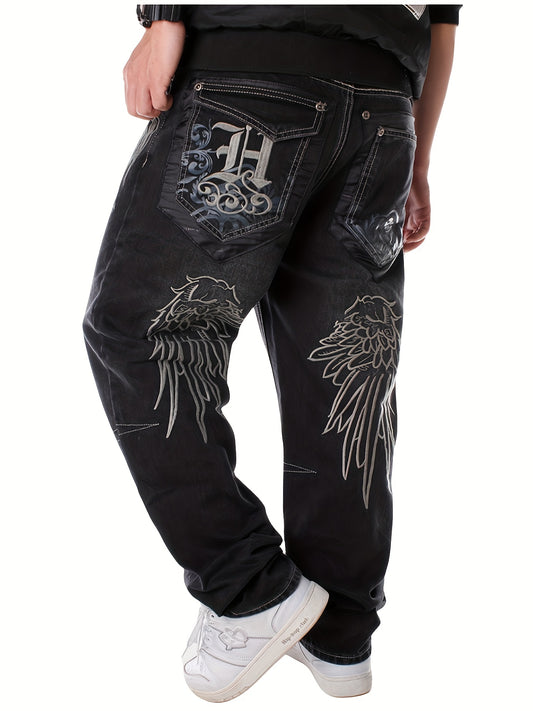 Mens Vintage Embroidered Jeans - Loose Fit, Straight Leg, Hip Hop Dance Style - Durable Denim, All-Season Comfort