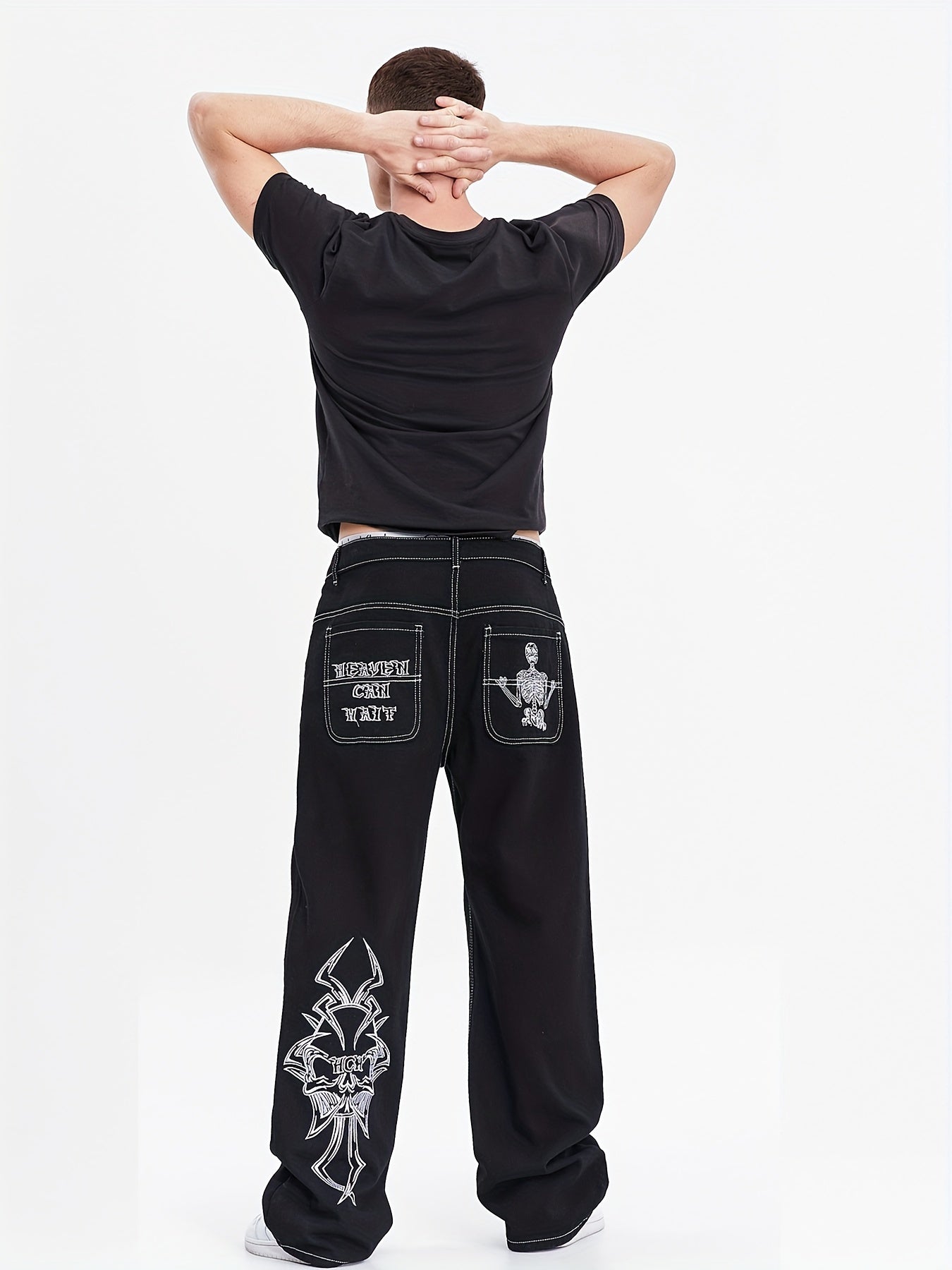 Mens Skeleton Embroidered Jeans - Cotton Blend, Ultra-Loose & Baggy, Pockets, Street Chic Style - A Fashionable Gift for Him