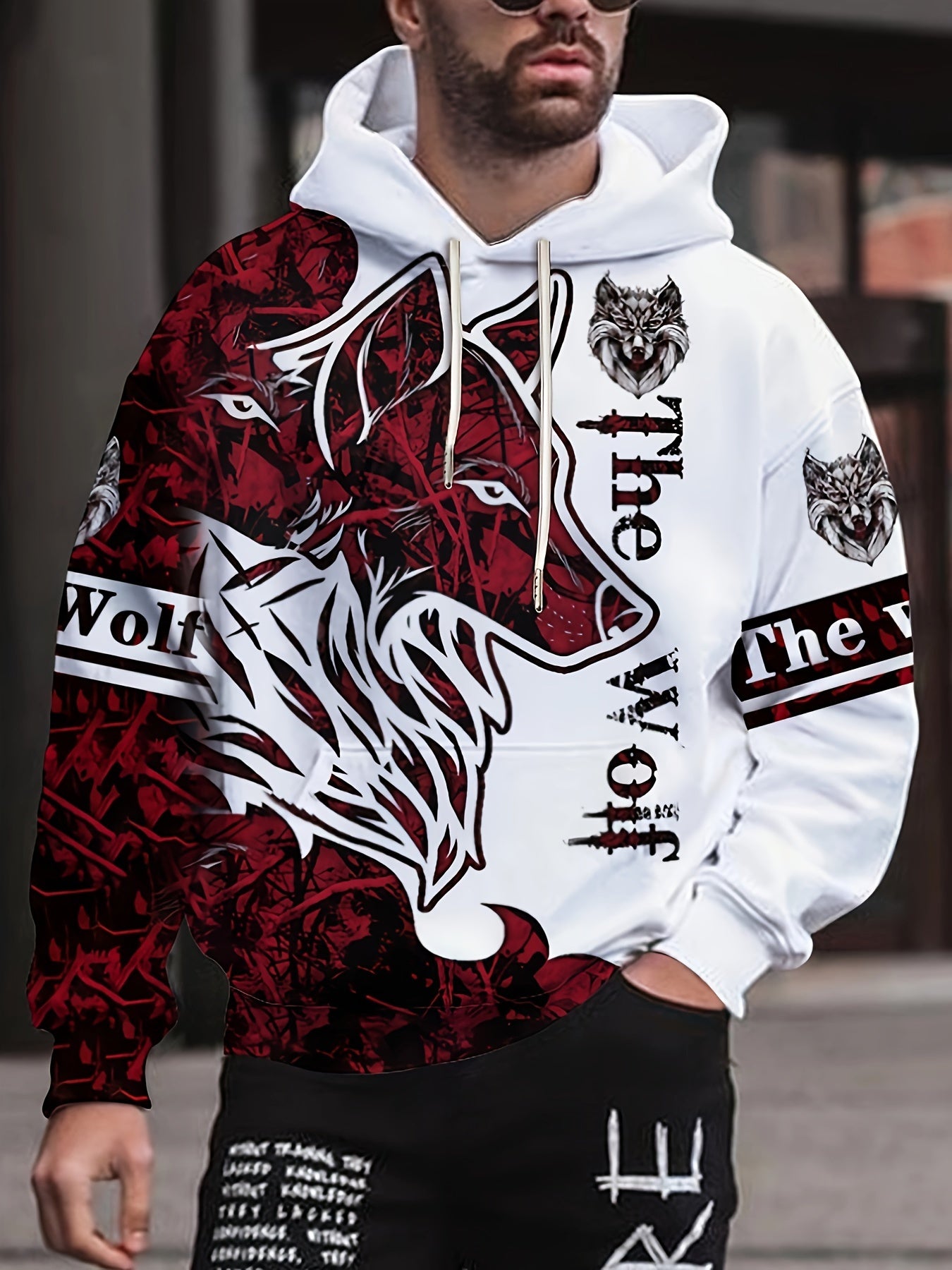 The Wolf Print Hoodie, Cool Hoodies For Men, Men's Casual Graphic Design Pullover Hooded Sweatshirt Streetwear For Winter Fall, As Gifts