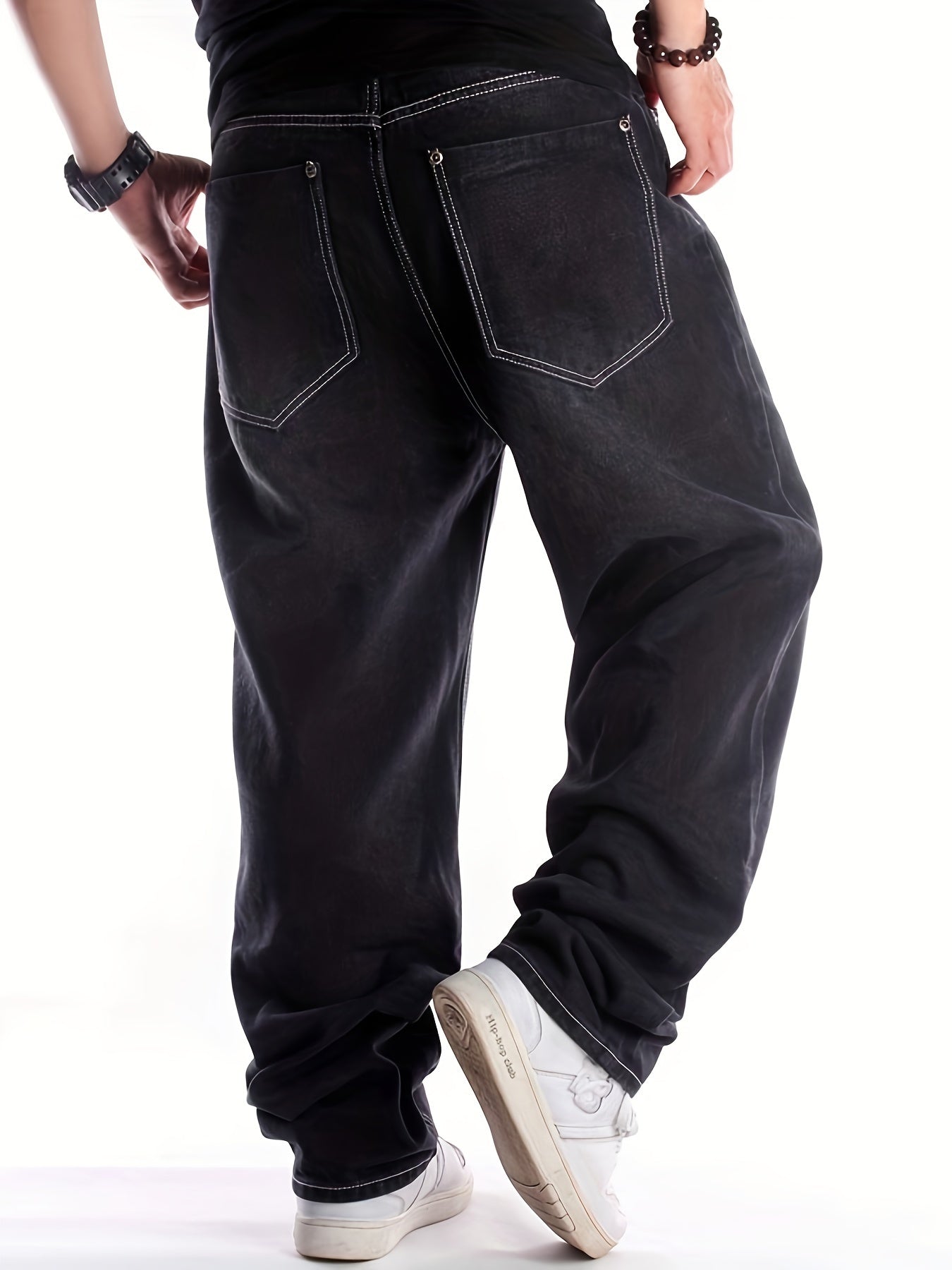 Men's Hip-Hop Style Extra-Long Jeans - Loose Fit, Casual Streetwear Denim Pants With Skateboard Detail, Machine Washable