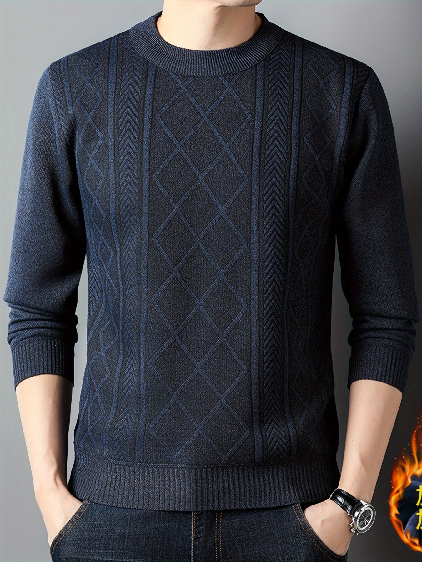 Men's Solid Knitted Pullover, Casual Long Sleeve Crew Neck Cable Knit Sweater For Fall Winter