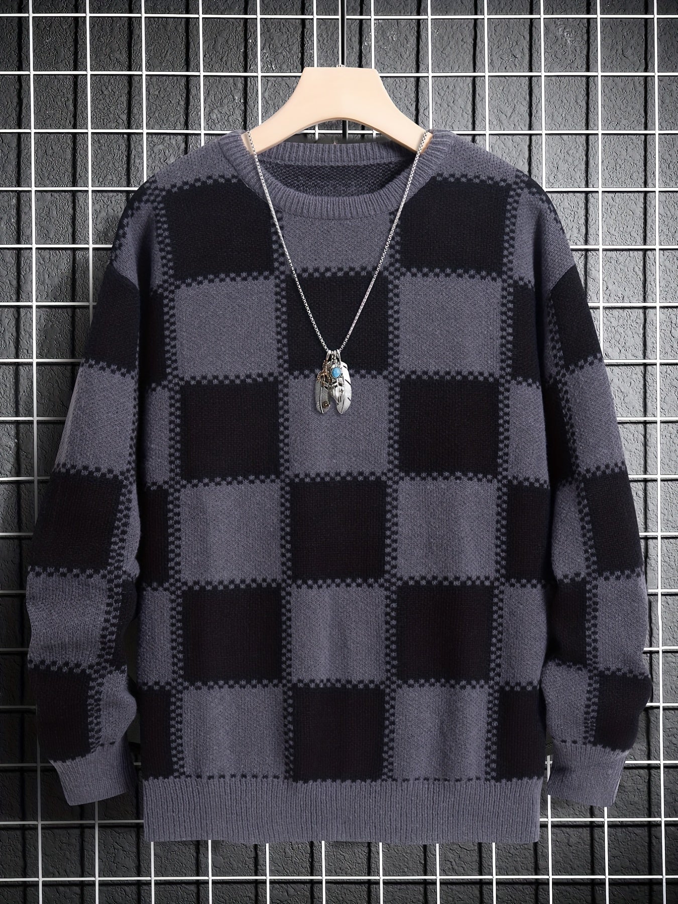 Men's Checkerboard Knitted Sweater - Warm And Stretchy Casual Pullover For Fall And Winter