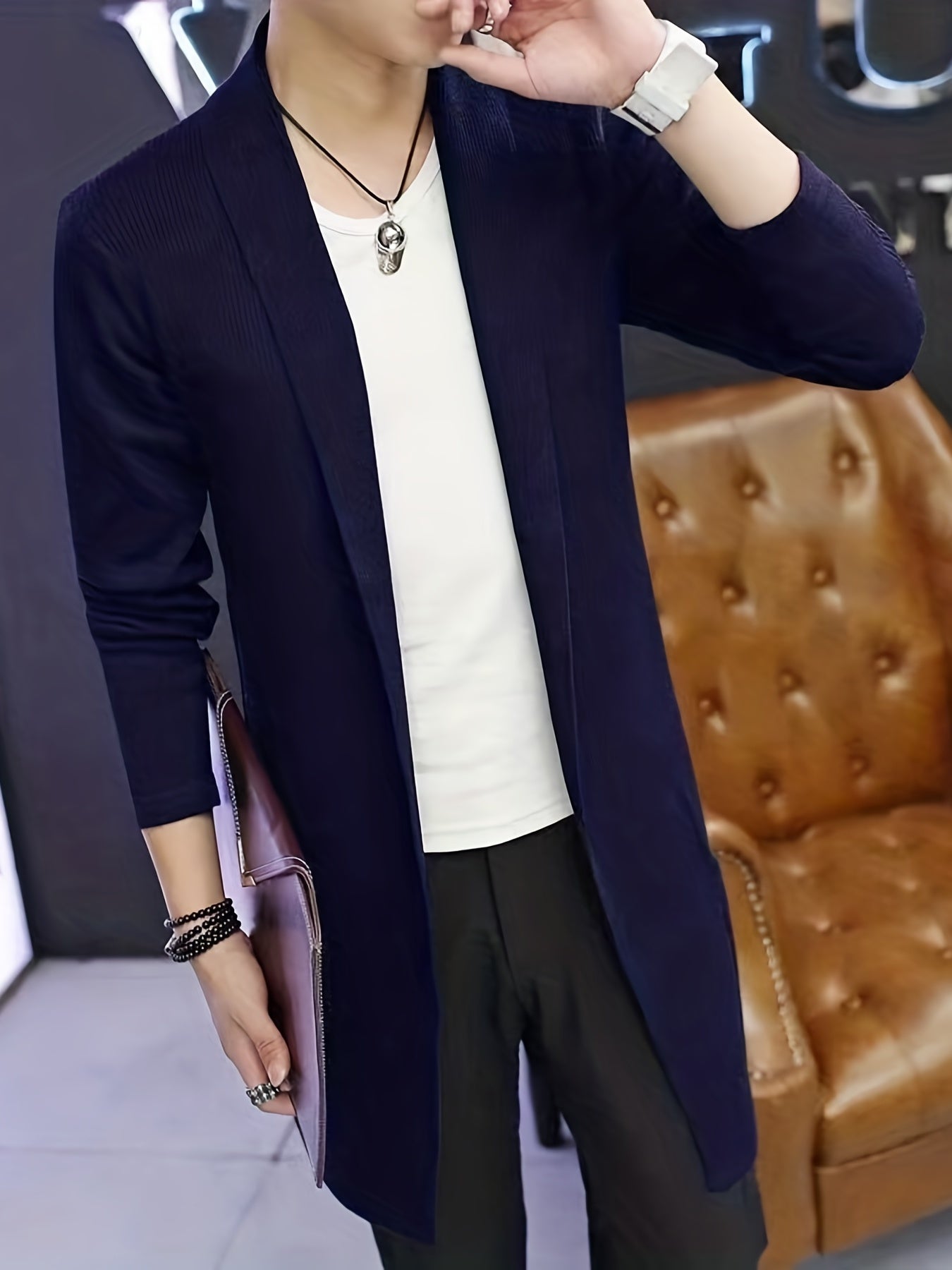 Elegant High Stretch Retro Cardigan, Men's Casual Vintage Style V Neck Open Front Overcoat Sweater Long Coat For Fall Winter