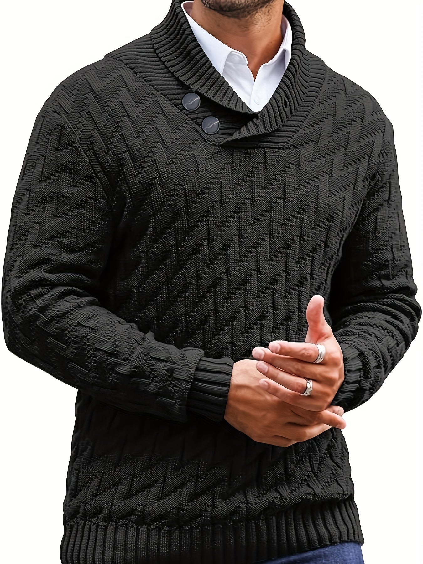 Plus Size Mens Lapel Collar Slim Fit Solid Knit Sweater for Fall and Winter - Soft Slight Stretch Polyester Fabric, Button Details, Hand Washable - Casual Style for Everyday Wear