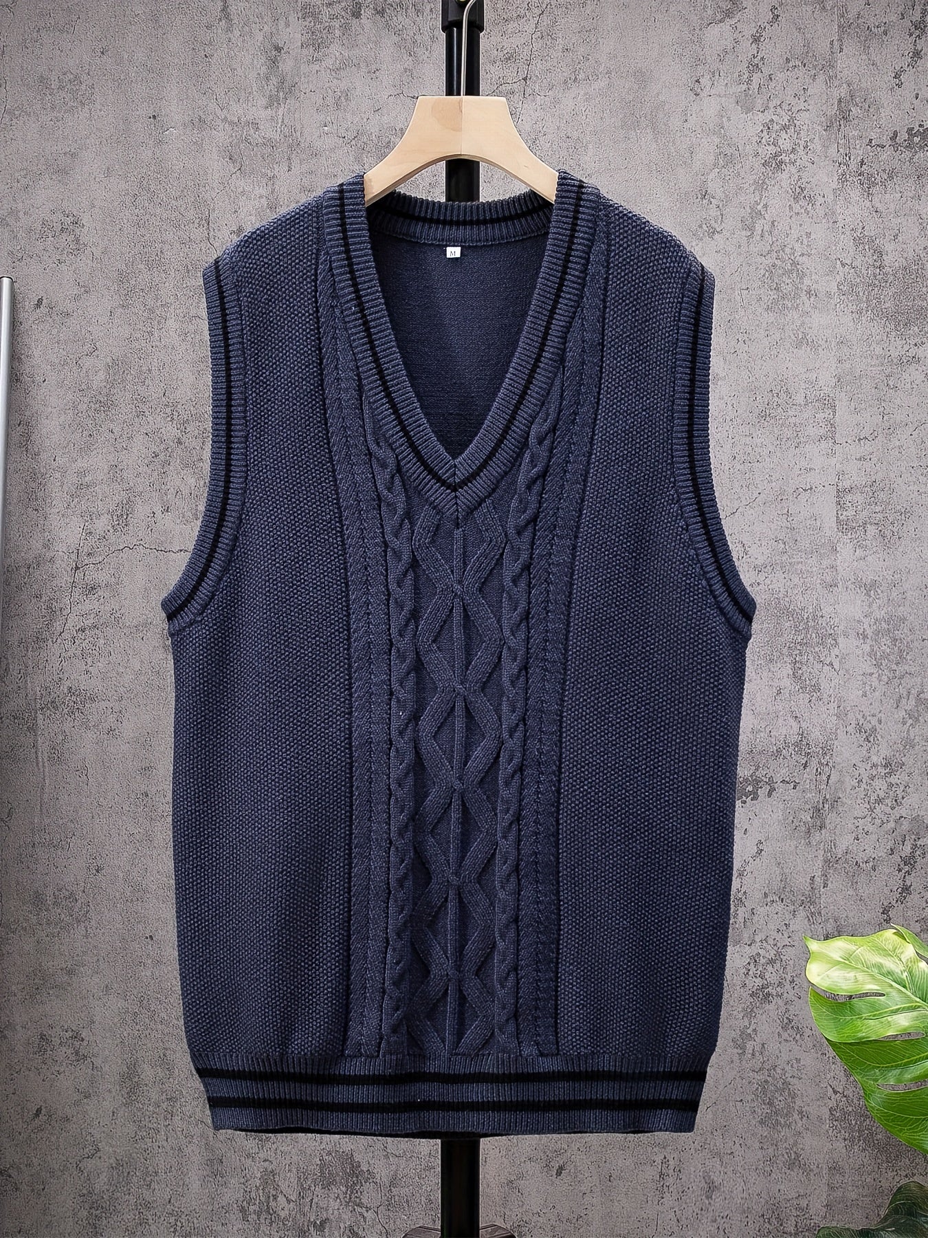 Casual Sleeveless V-Neck Sweaters, Men's Cable Knit Vest