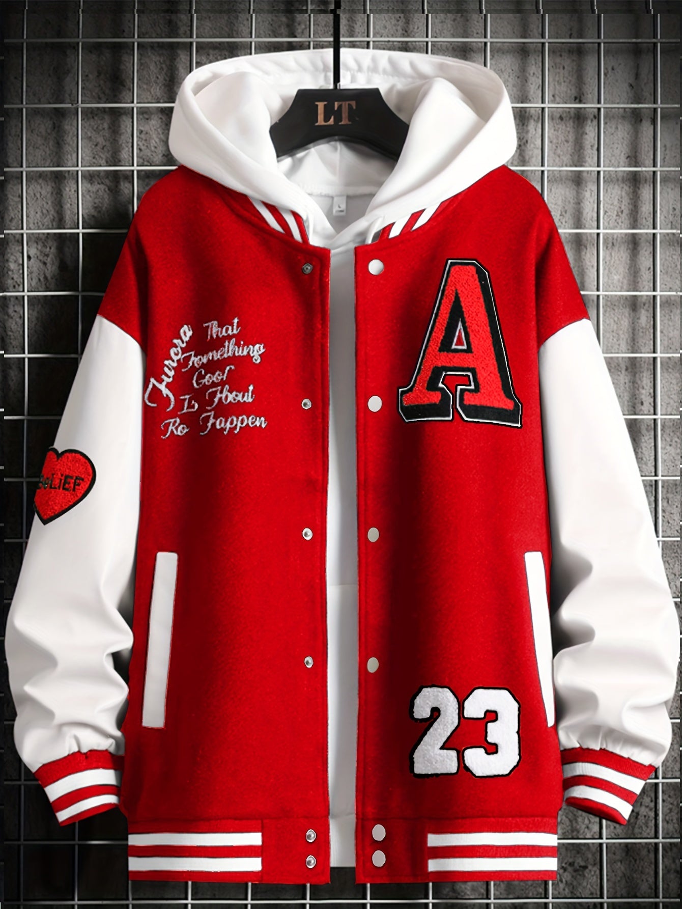 Alphabets Print Color Block Varsity Jackets, Men's Casual Baseball Collar Jacket Coat For Spring Fall