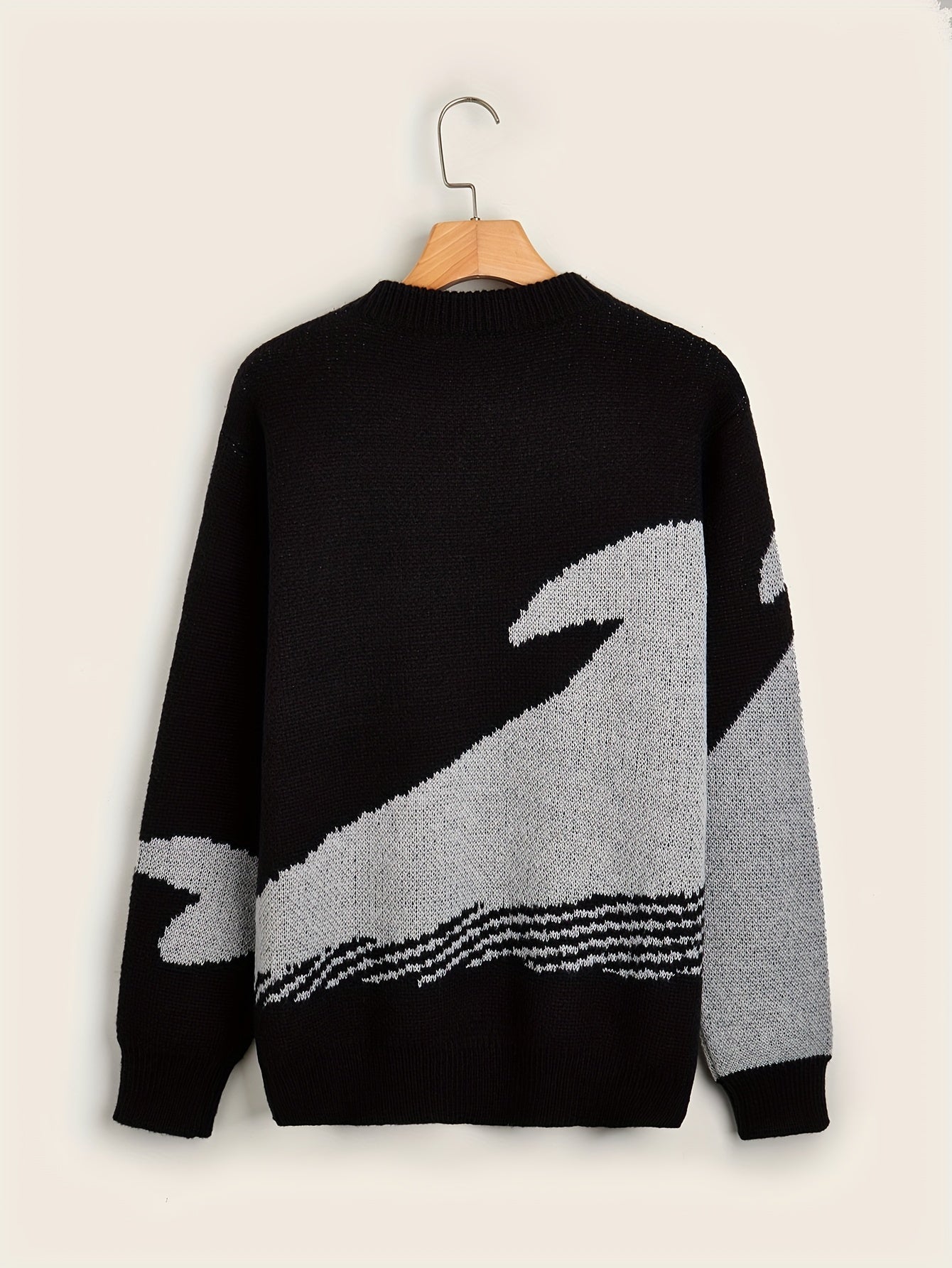 Cartoon Whale Print, Loose Fit Warm Sweater, Men's Casual Retro Style Slightly Stretch Crew Neck Pullover Sweater For Fall Winter