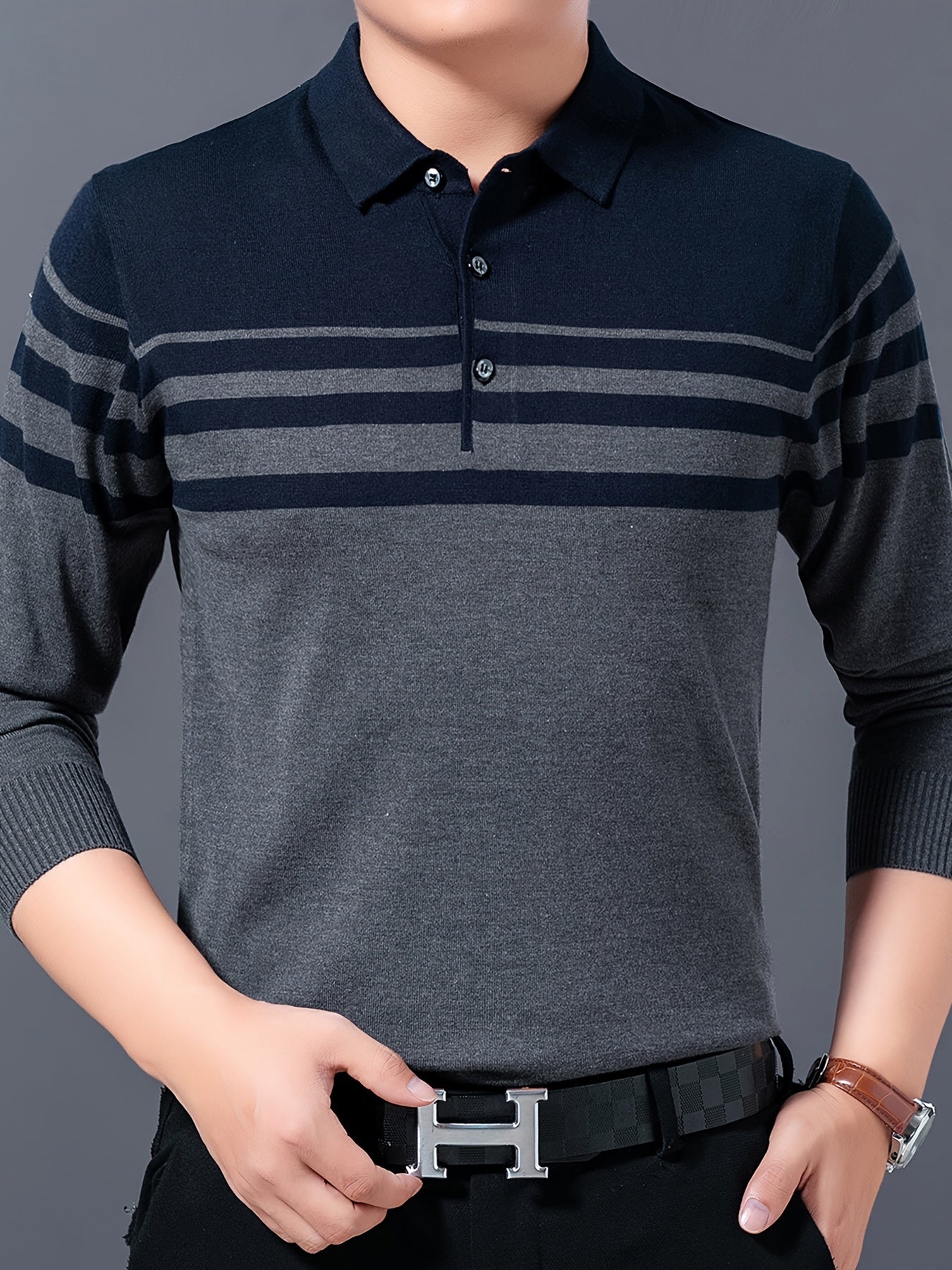 Men's Stylish Striped Sweater, Casual Mid Stretch Breathable Long Sleeve Shirt Top For City Walk Street Hanging