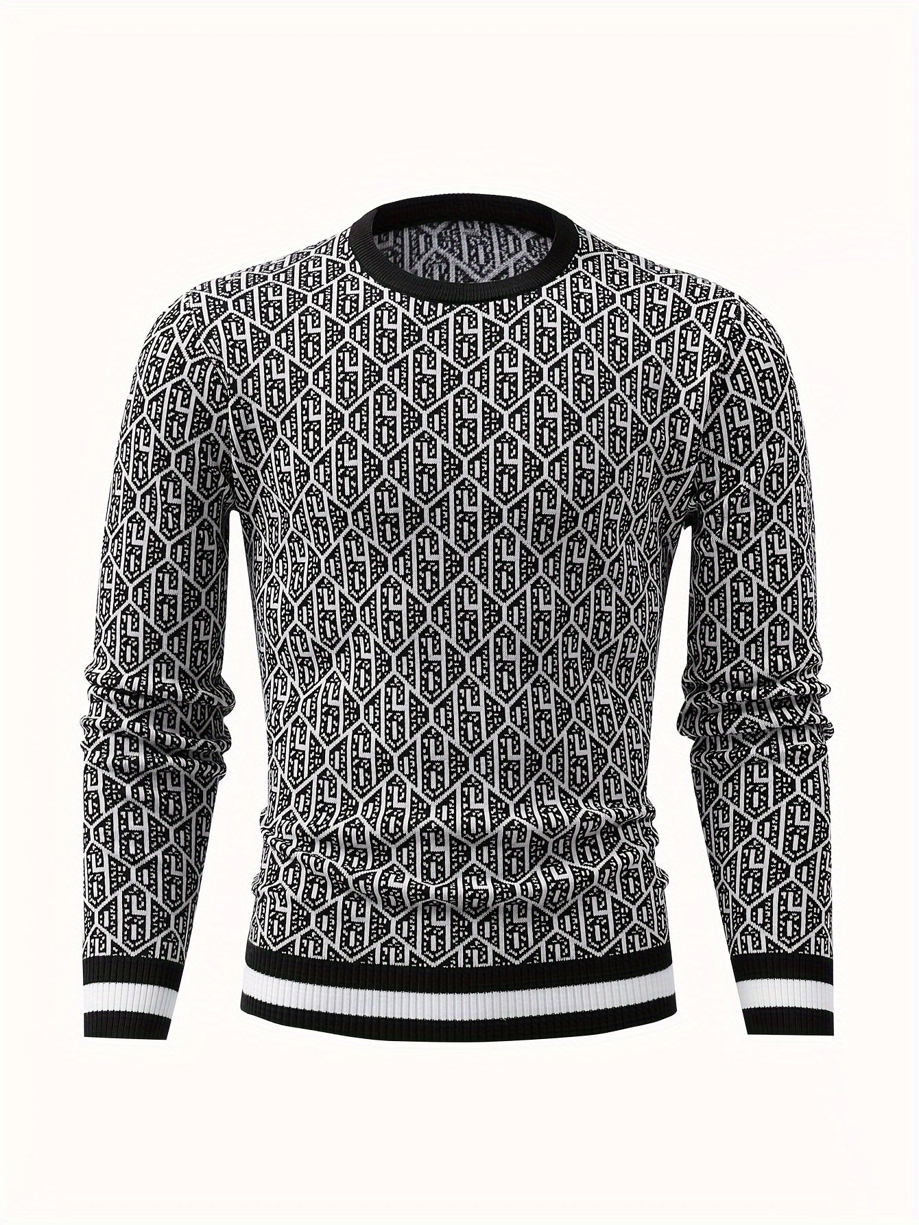 Men's Stylish Geometric Pattern Knitted Pullover, Casual Breathable Long Sleeve Crew Neck Top For City Walk Street Hanging Outdoor Activities