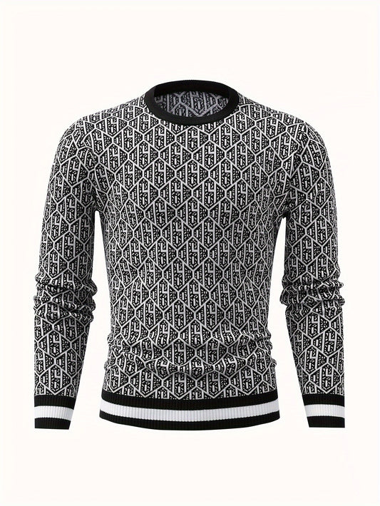 Men's Stylish Geometric Pattern Knitted Pullover, Casual Breathable Long Sleeve Crew Neck Top For City Walk Street Hanging Outdoor Activities