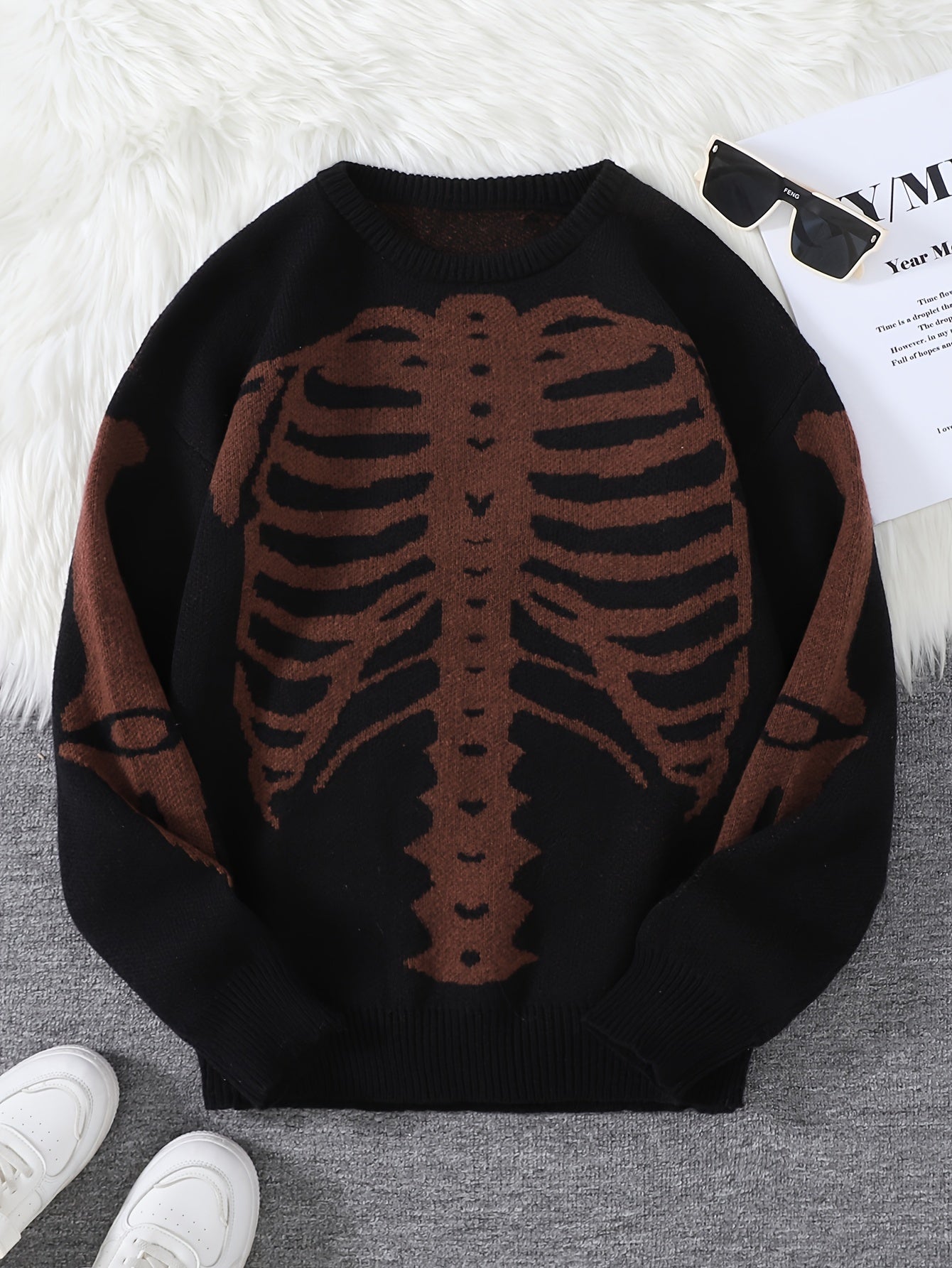 Stylish Skeleton Knit Sweater - Soft, Breathable, Round Neck, Long Sleeve Pullover with Unique Jacquard Design for Men - Perfect for Fall and Winter Seasons