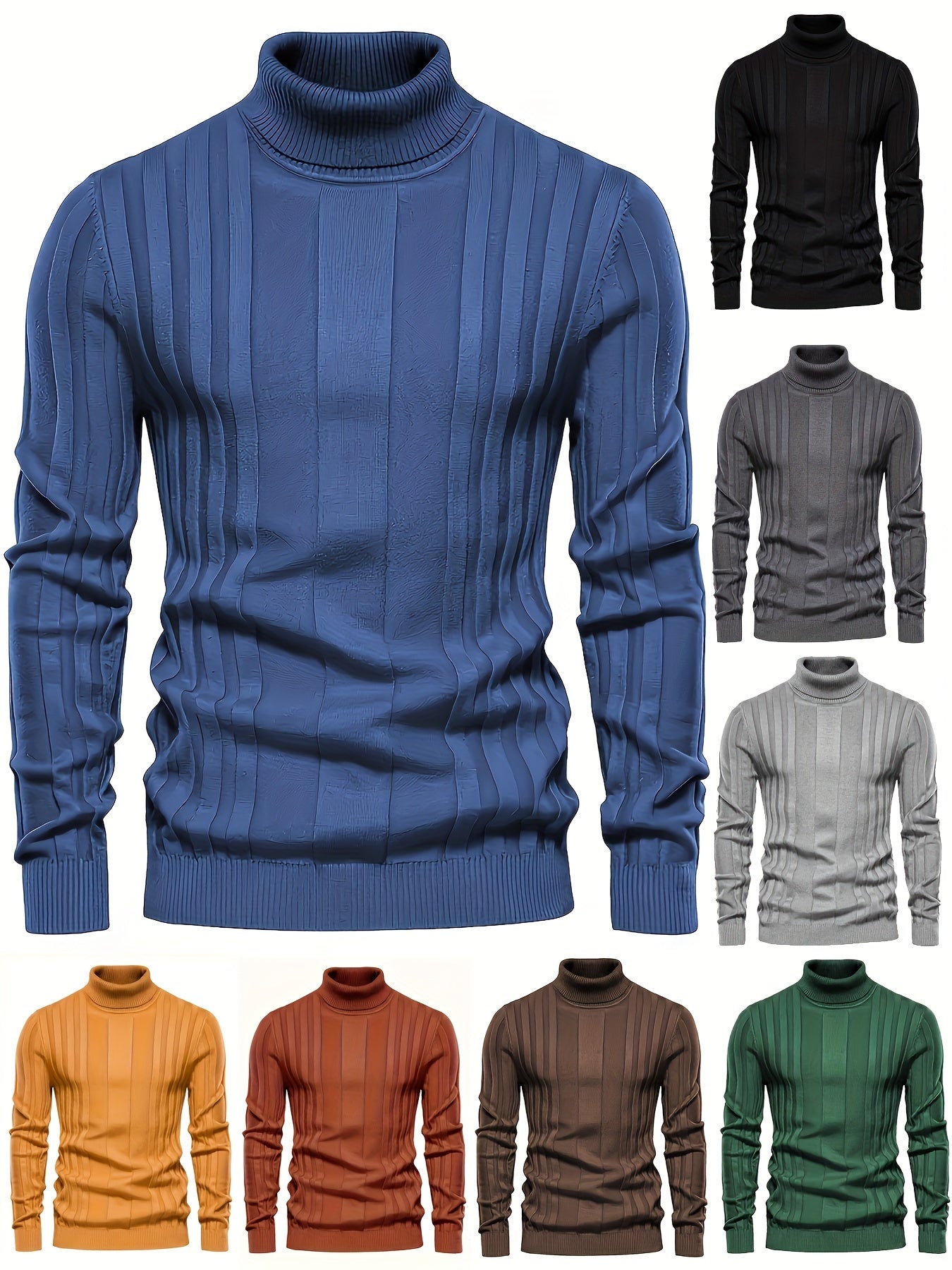 Turtleneck Knitted Sweater, Men's Casual Warm Solid High Stretch Pullover Sweater For Fall Winter