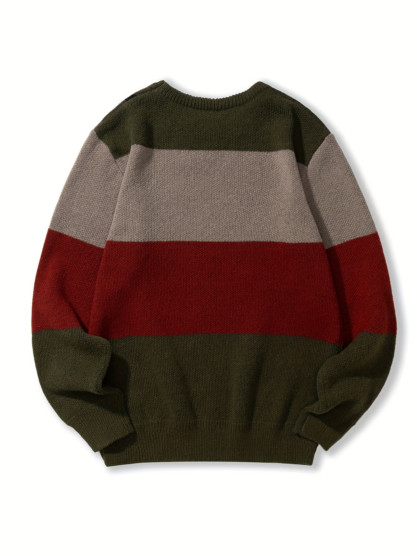 All Match Knitted Color Block Sweater, Men's Casual Warm Slightly Stretch Crew Neck Pullover Sweater For Men Fall Winter