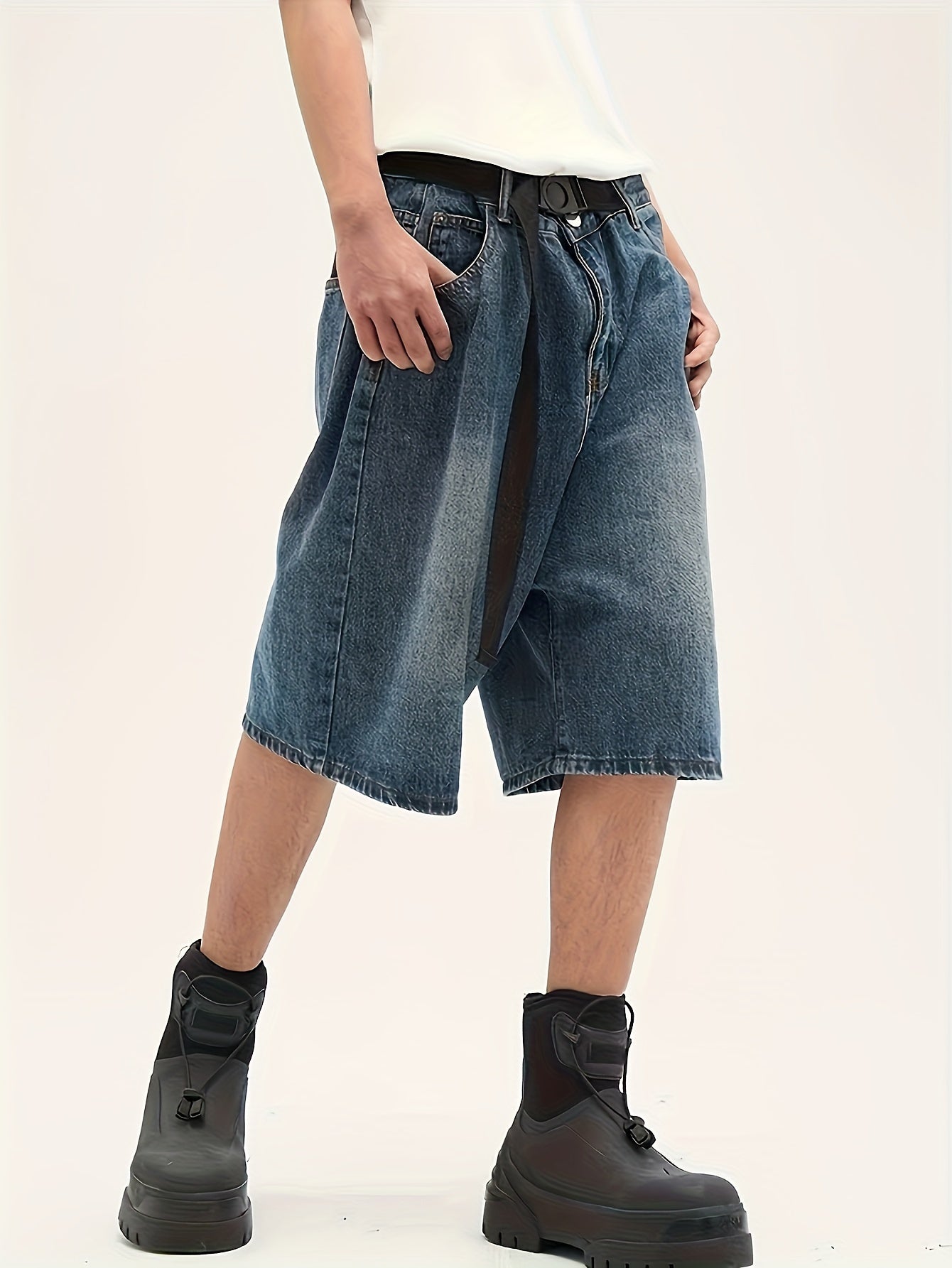 Men's Casual Loose Fit Wide Leg Denim Shorts, Knee-Length Jorts With Belt Detail, Summer Street Style Fashion