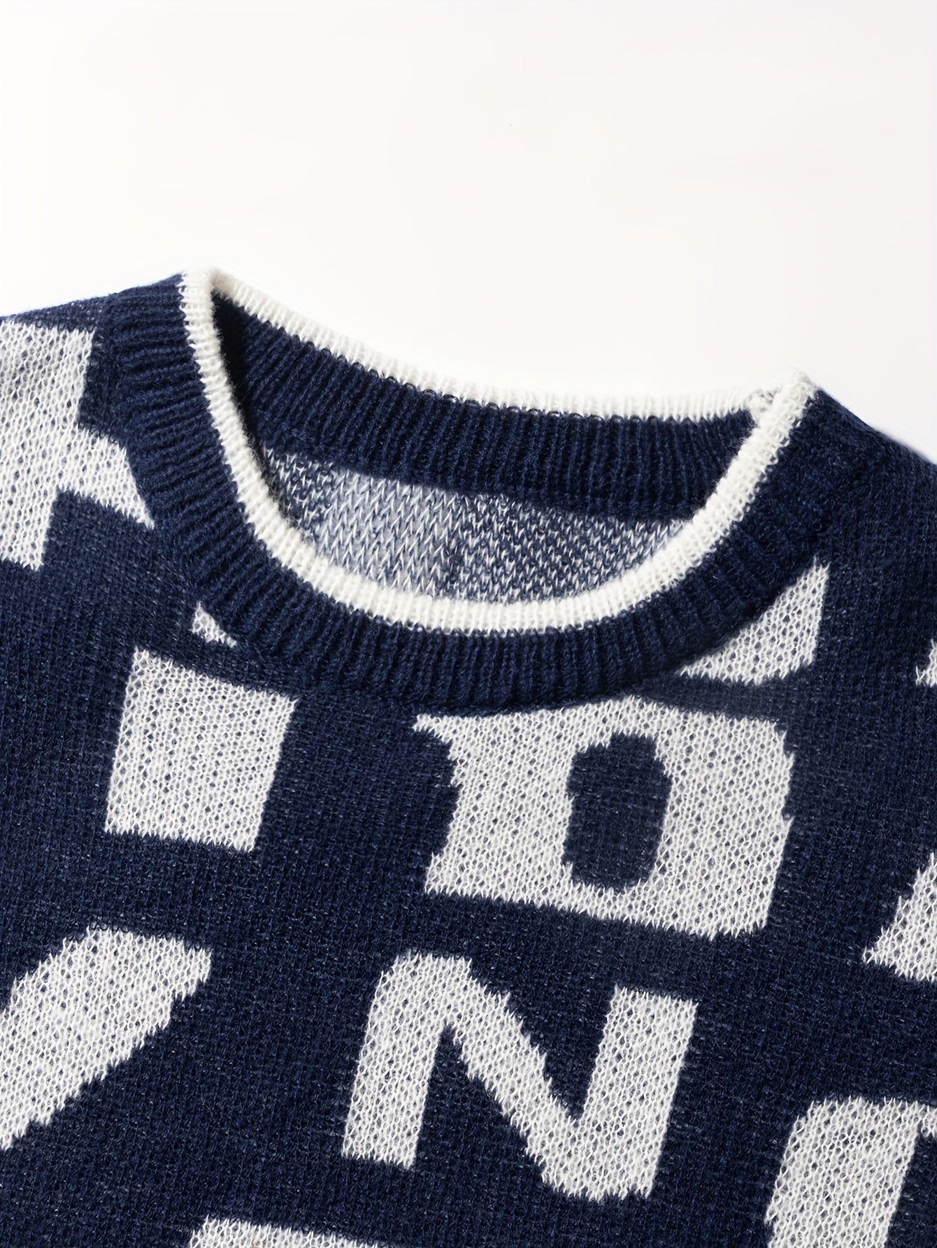 All Match Knitted Letter Print Sweater, Men's Casual Warm Slightly Stretch Crew Neck Pullover Sweater For Fall Winter