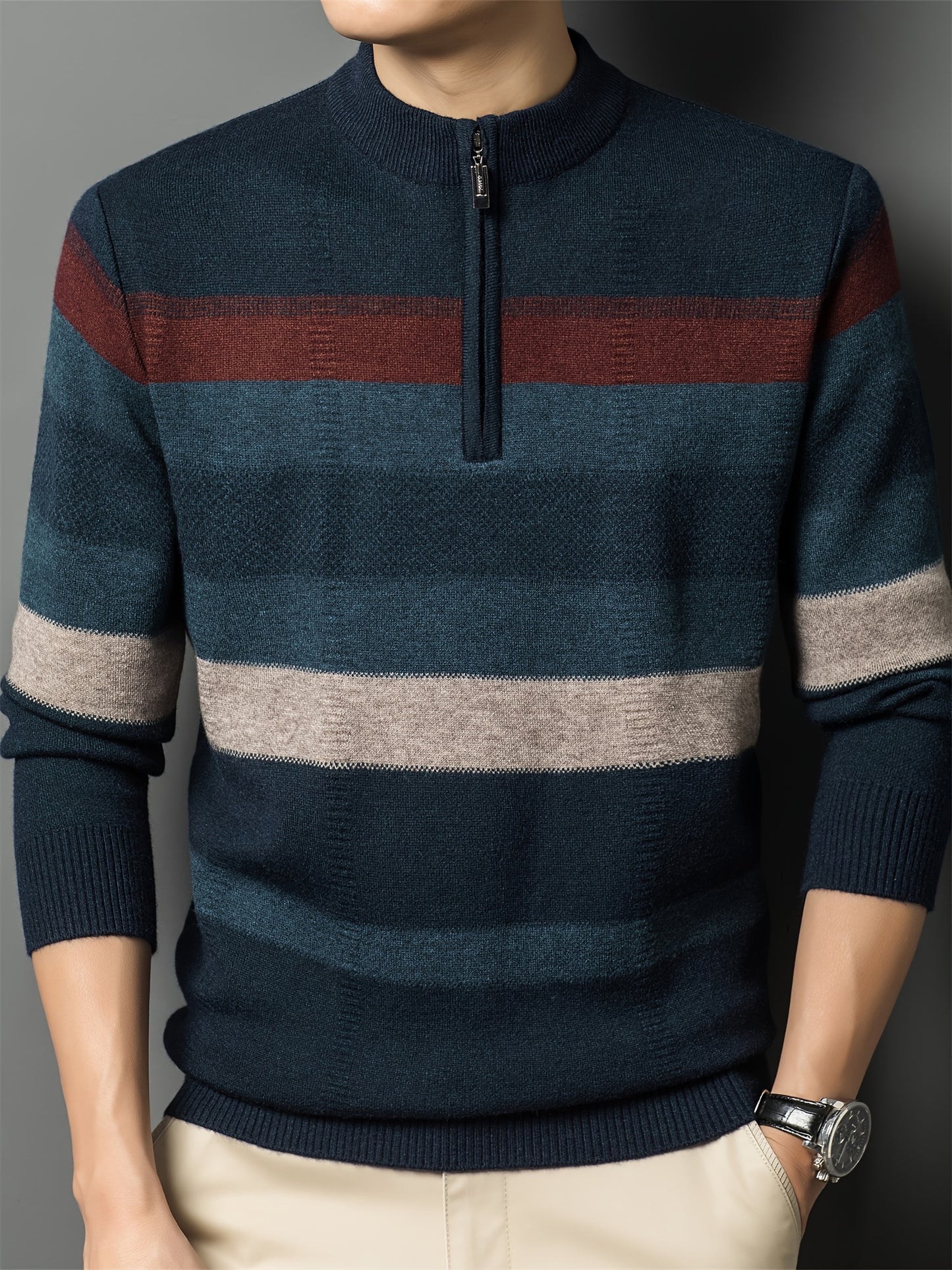 Cozy Mens Striped Knit Sweater - Fashionable Half-Zip Pullover with High Stretch - Perfect for Fall Winters Versatile Style