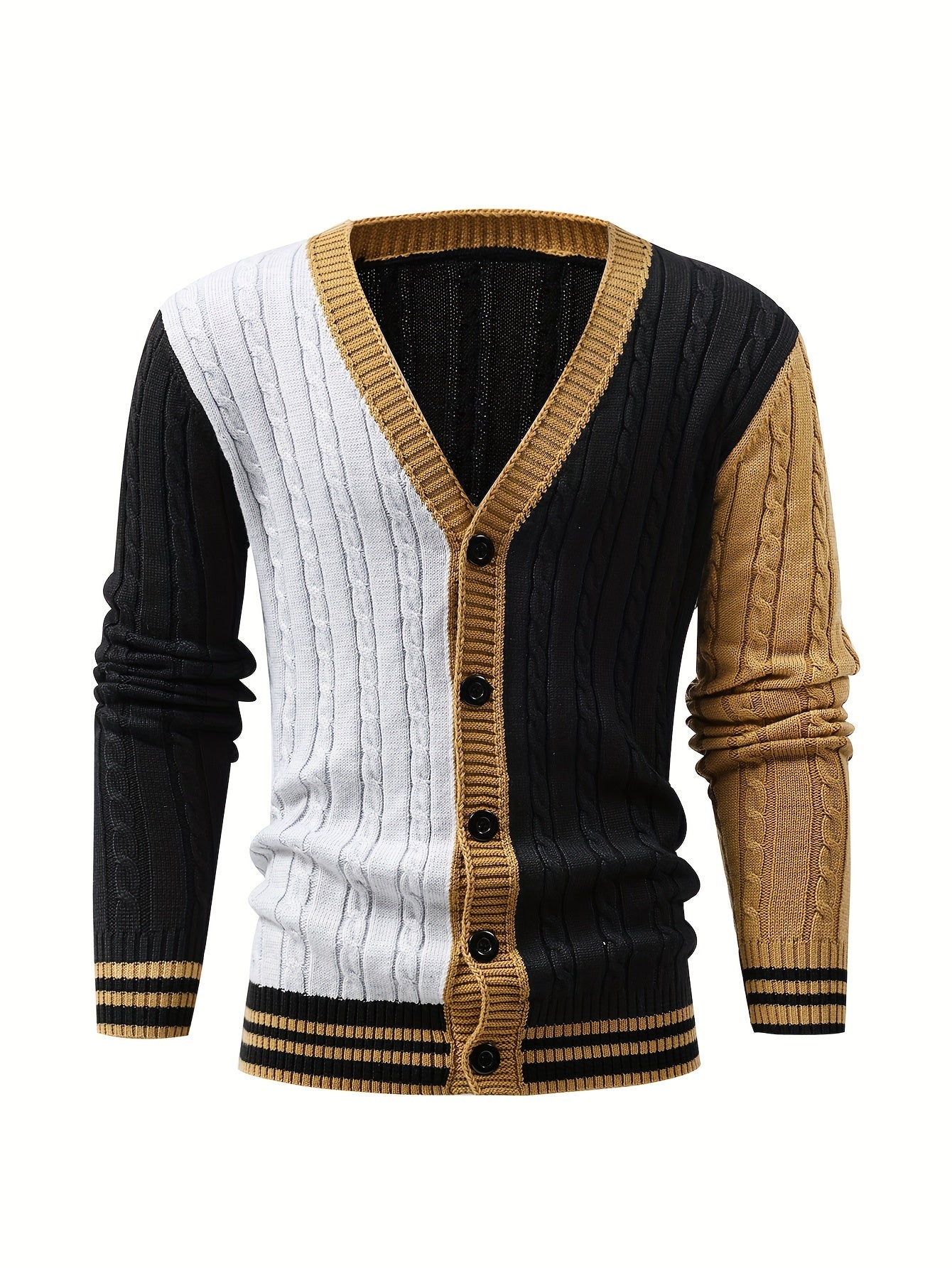 Men's Stylish Color Matching Knitted Pullover, Casual Breathable Long Sleeve V Neck Button Up Top For City Walk Street Hanging Outdoor Activities