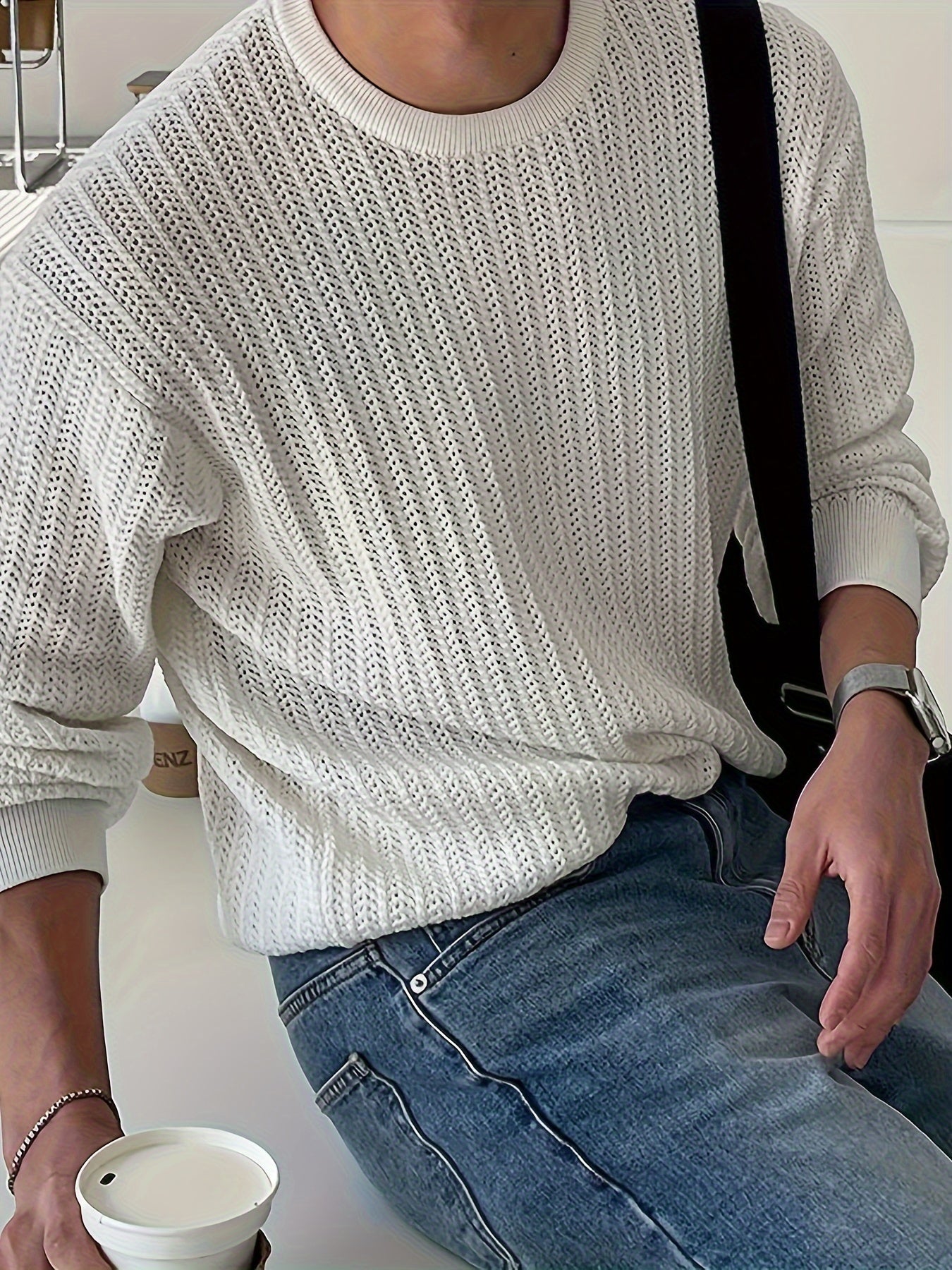 Long Sleeve Men's Solid Knit Shirt with Chic Crew Neck and Hollow Pieces for Spring and Autumn Leisurewear