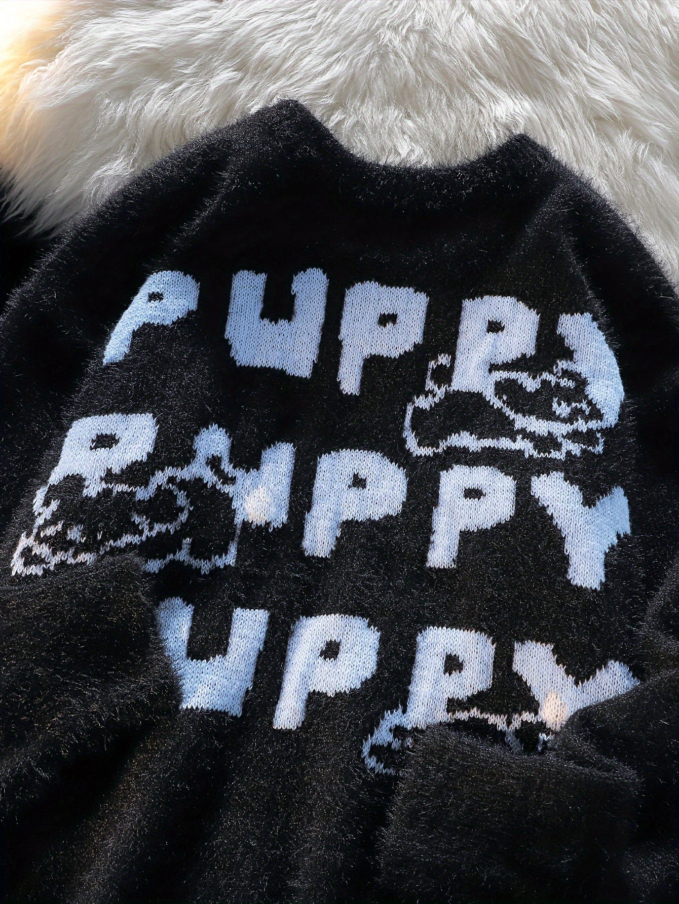 Casual Polyester Knit Sweater with Cartoon Puppy Print - Crew Neck, Medium Stretch, Loose Fit Pullover for Adults - Fall/Winter Season Color Block Alphabet Pattern Jumper