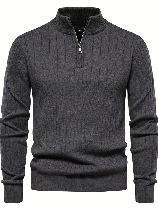 Men's Casual Zip-Up Stand Collar Sweater - Solid Color, Stretch Knit Pullover for Fall/Winter